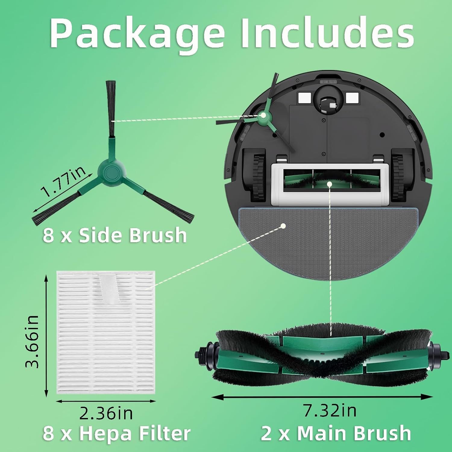 Accessories Kit Compatible with iRobot Roomba 104/105 Vac & Combo, Essential Q0120, Q0520, Y0110, Y0140, Q011 Robot Vacuum Replacement Parts,2 Main Brush, 8 Side Brush, 8 HEPA ilter 18 Pack