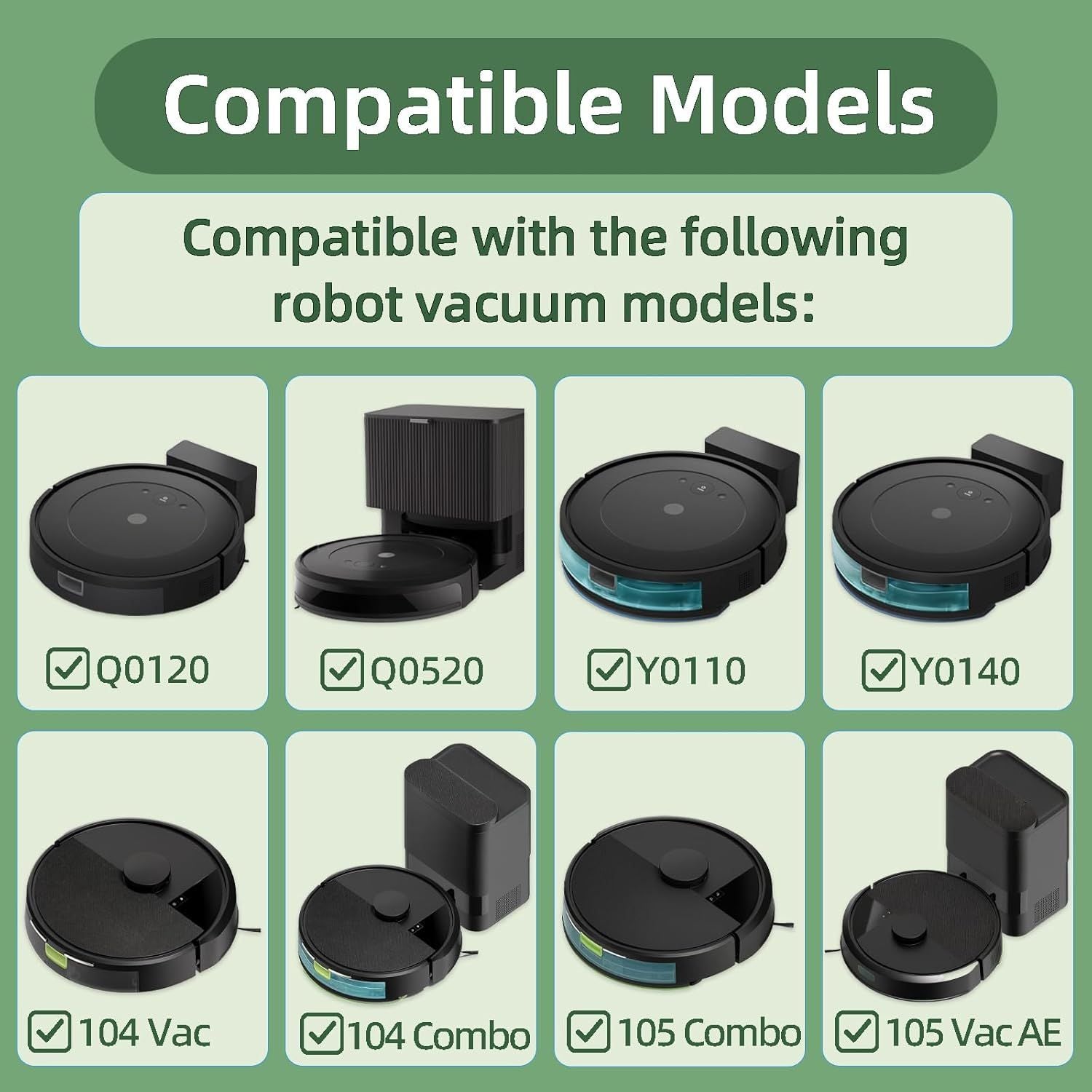 Accessories Kit Compatible with iRobot Roomba 104/105 Vac & Combo, Essential Q0120, Q0520, Y0110, Y0140, Q011 Robot Vacuum Replacement Parts,2 Main Brush, 8 Side Brush, 8 HEPA ilter 18 Pack