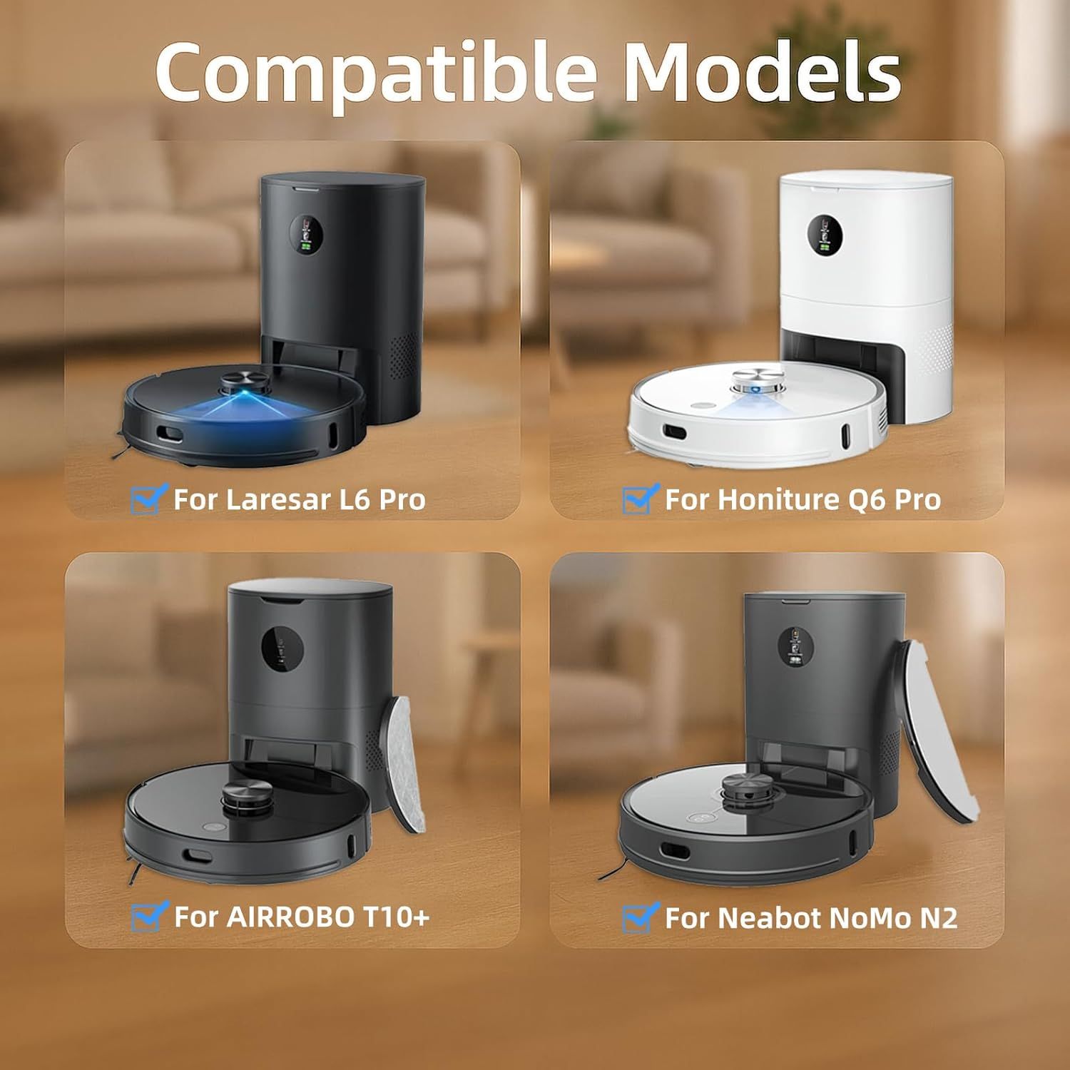Replacement Parts Kit or HONITURE Q6 Pro, or Laresar L6 Pro, or AIRROBO T10+, or Neabot N2 Robot Vacuum Accessories,2 Main Brush, 4 Side Brush, 4 Hepa ilter, 4 Mop Pad,3 Dust Bag