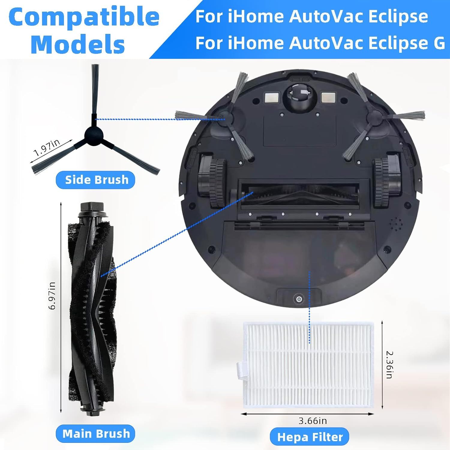 Accessories Kit or iHome AutoVac Eclipse iHRV1 / Eclipse G iHRV2 Robot Vacuum Replacement Parts, 1 Main Roller Brush, 4 Side Brush, 4 Hepa ilter