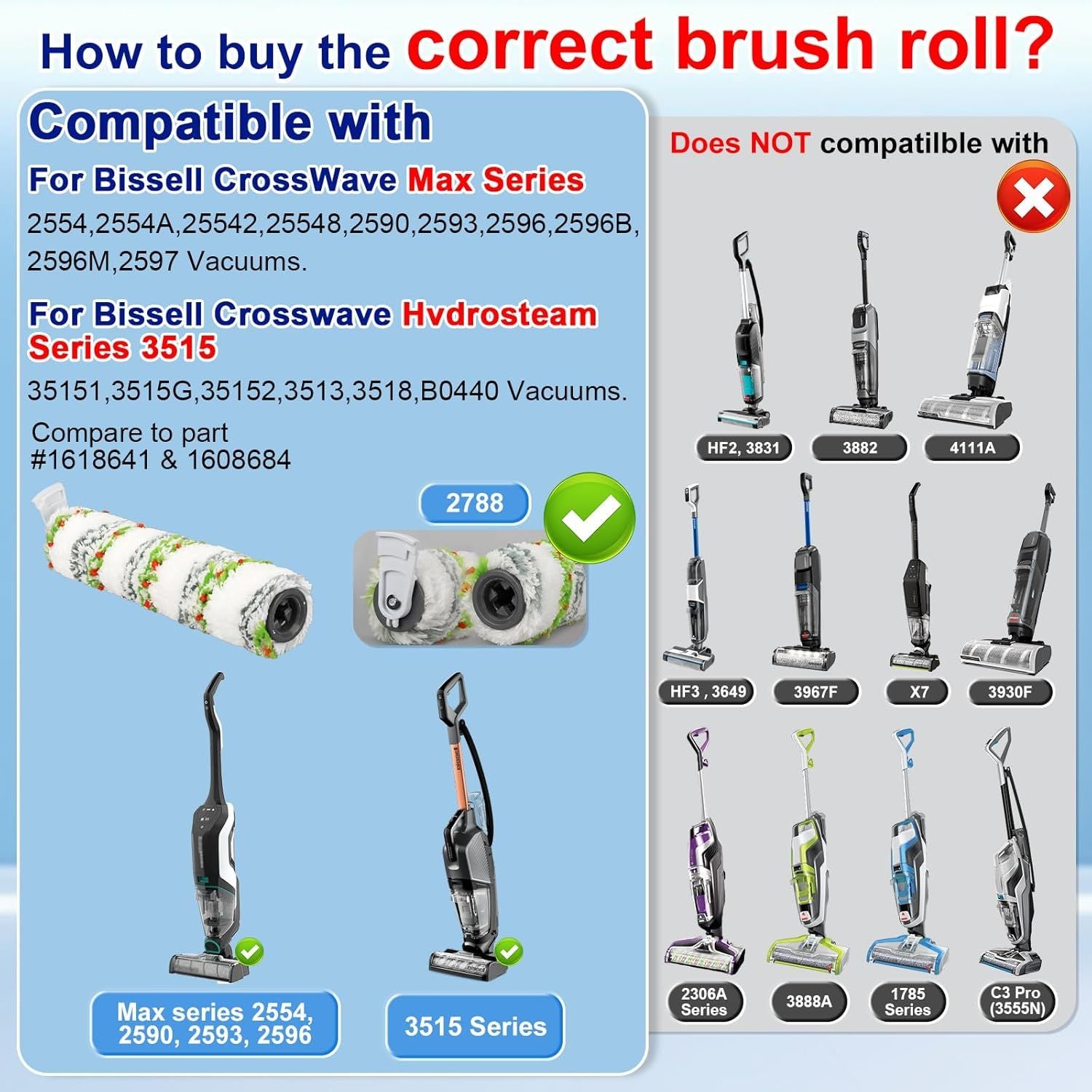 3 Pack Multi-Surace Pet Brush Rolls 2788 and 3 Pack Vacuum ilters 1866 or Bissell CrossWave Max 2554 2590 2593 2596 or HydroSteam 35151 3515 35152 3513 3518 Vacuums, Part 1618641 & 1608684