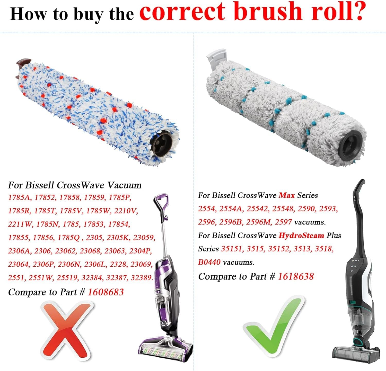 Brush ilter Replacement Parts or Bissell CrossWave HydroSteam 35151 35152 3513 3518 or CrossWave Max 2554 2590 2593 2596 Vacuum, 2 Pack 2788 Pet Brushes 2 Pack 2787 Multi-Surace Brushes 4 P