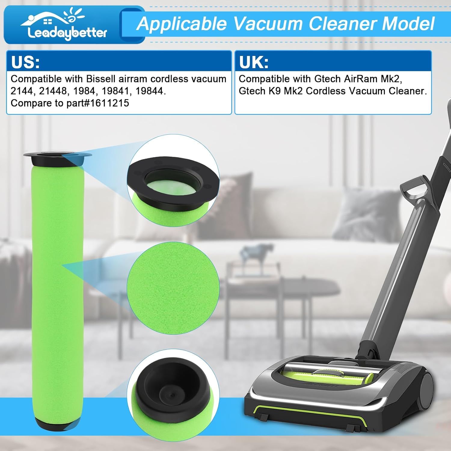 Air Ram ilter Replacement or Bissell AirRam Cordless Vacuum 1984 2144 21448 19841 19844. Compare to part#1611215 3 Pack