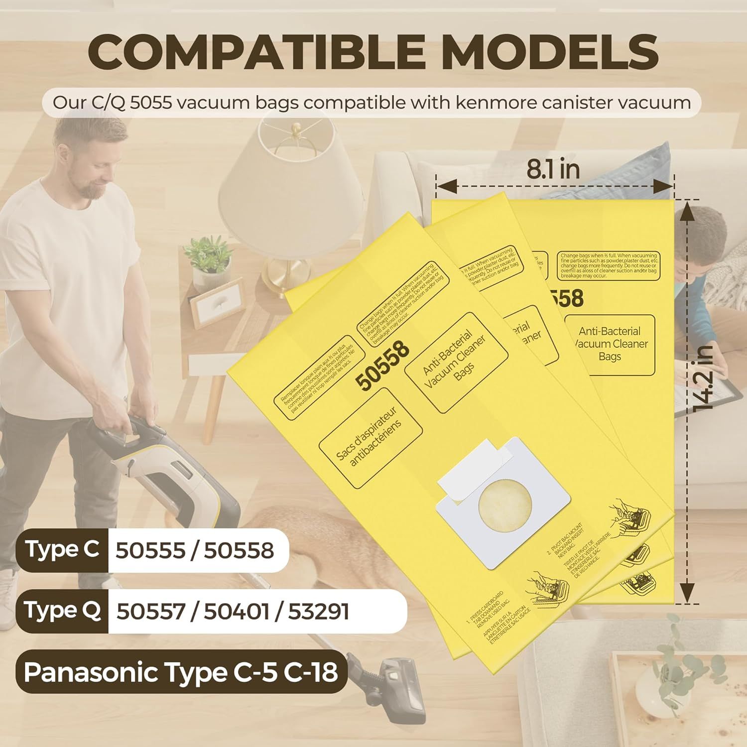 Vacuum Bags Replacement or Kenmore Canister C/Q 5055 50555 50557 50558 and Pana·sonic Type C-5 C-18 Vacuums - Premium Vacuum Cleaner Dust Bag - 12 Pack