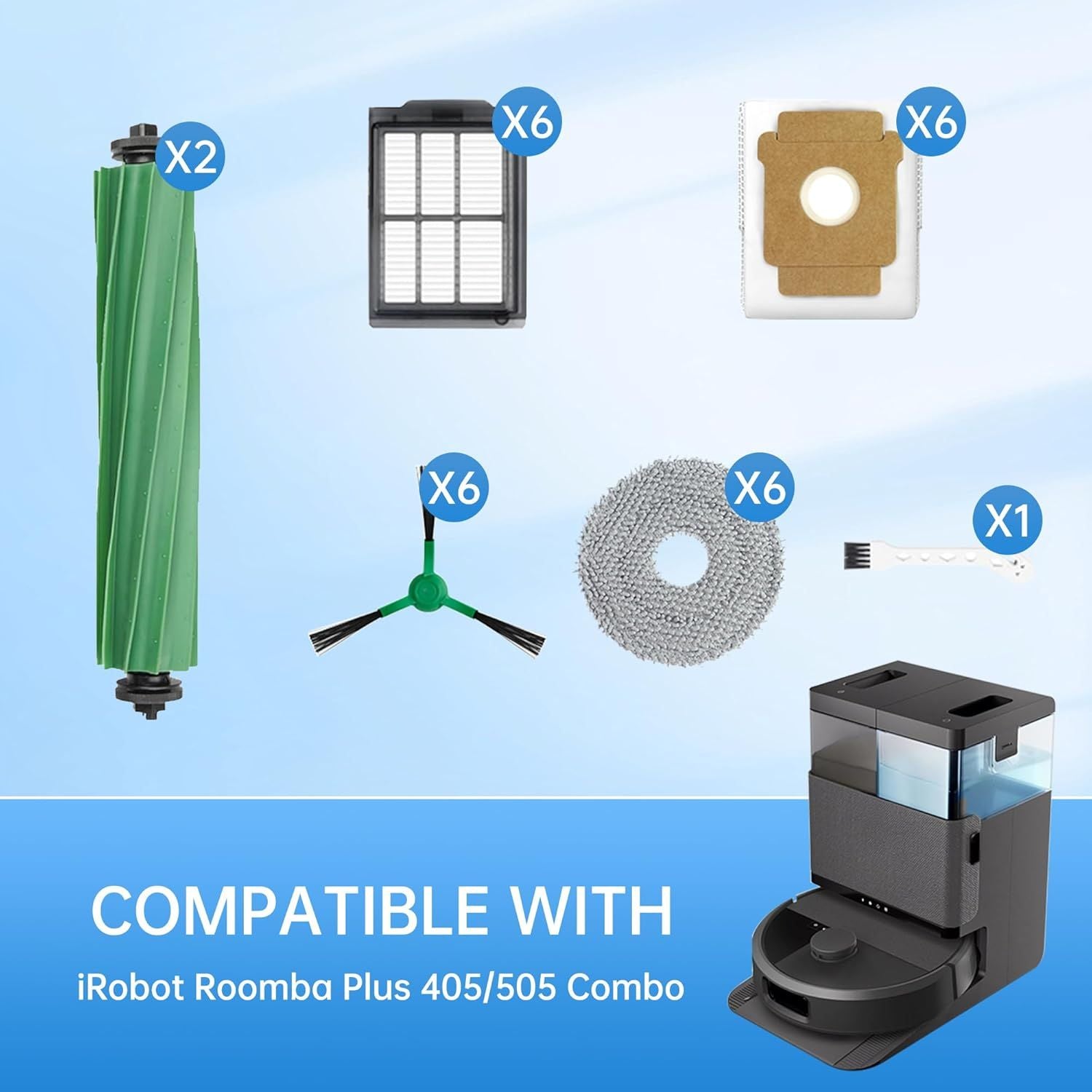 Replacement Parts Compatible with Combo 405/505, 24-Piece Set with 2 Roller Brushes, 6 Dust Bags, 6 Side Brushes, 6 ilters & 6 Mopping Pads