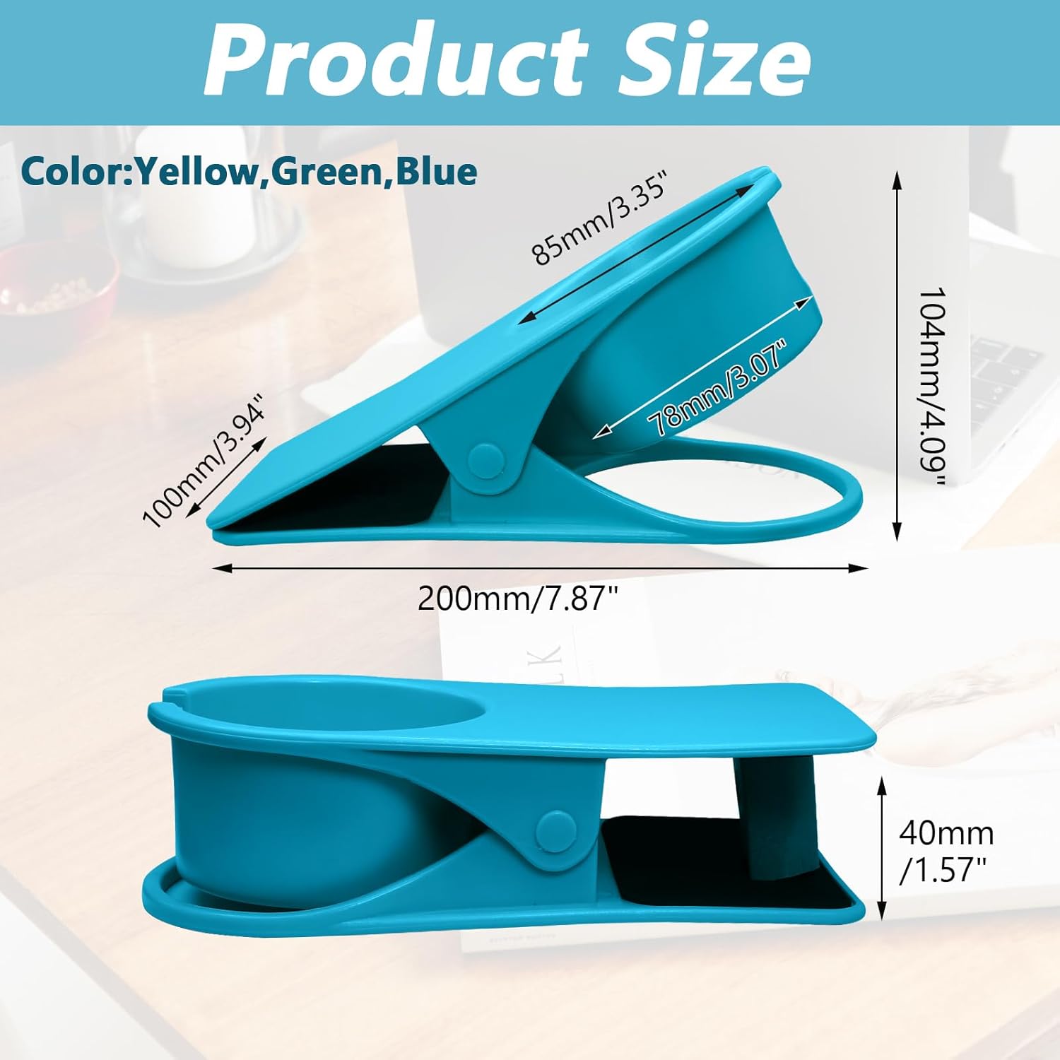 Biaungdo 3 Pack Drinking Cup Holder Clip with Side Hole, Desk Drink Holder Desk Side Clamps Clip Cup Holder Chair Cup Holder for Water Drink Beverage Soda Coffee Mug Holder Green, Blue, Yellow