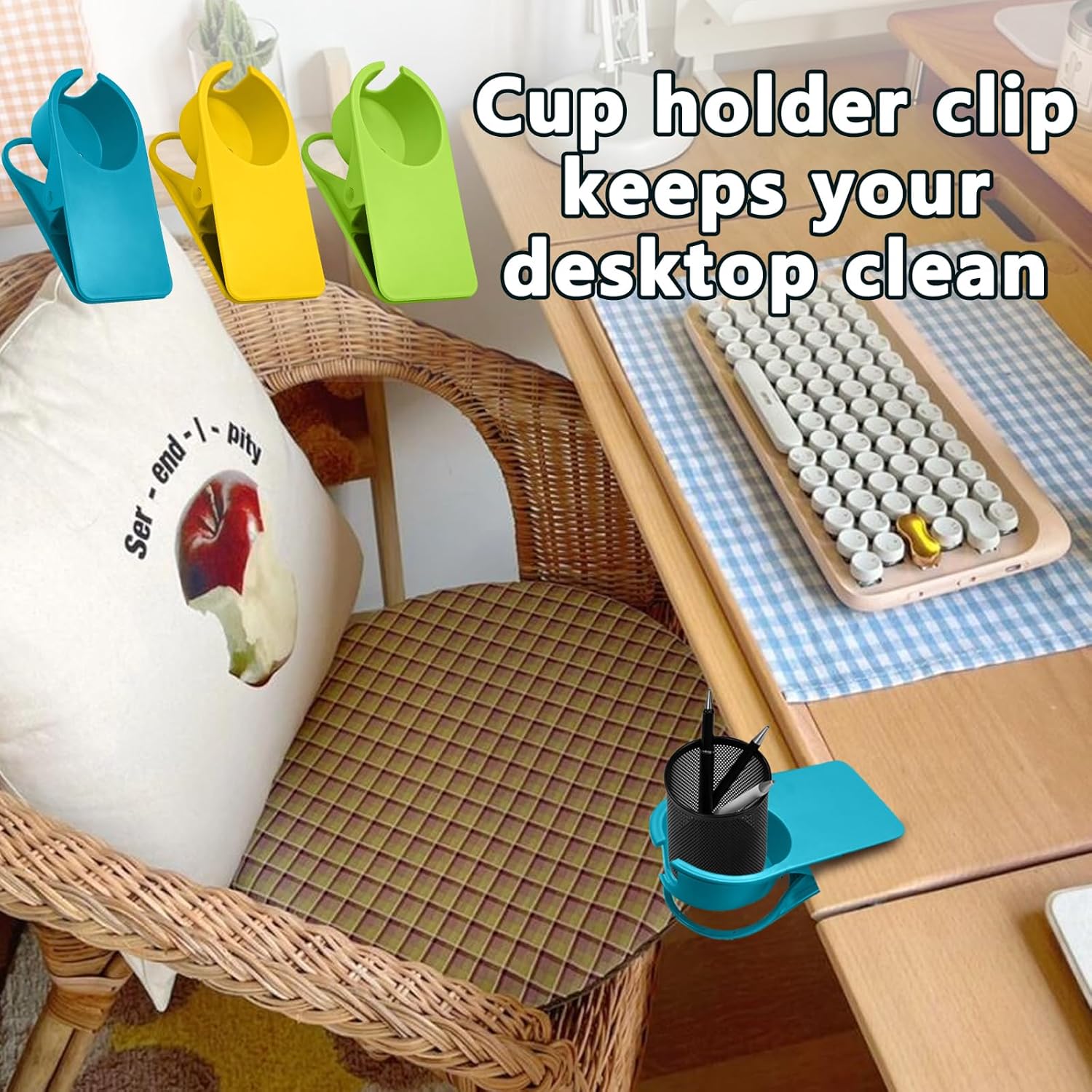 Biaungdo 3 Pack Drinking Cup Holder Clip with Side Hole, Desk Drink Holder Desk Side Clamps Clip Cup Holder Chair Cup Holder for Water Drink Beverage Soda Coffee Mug Holder Green, Blue, Yellow