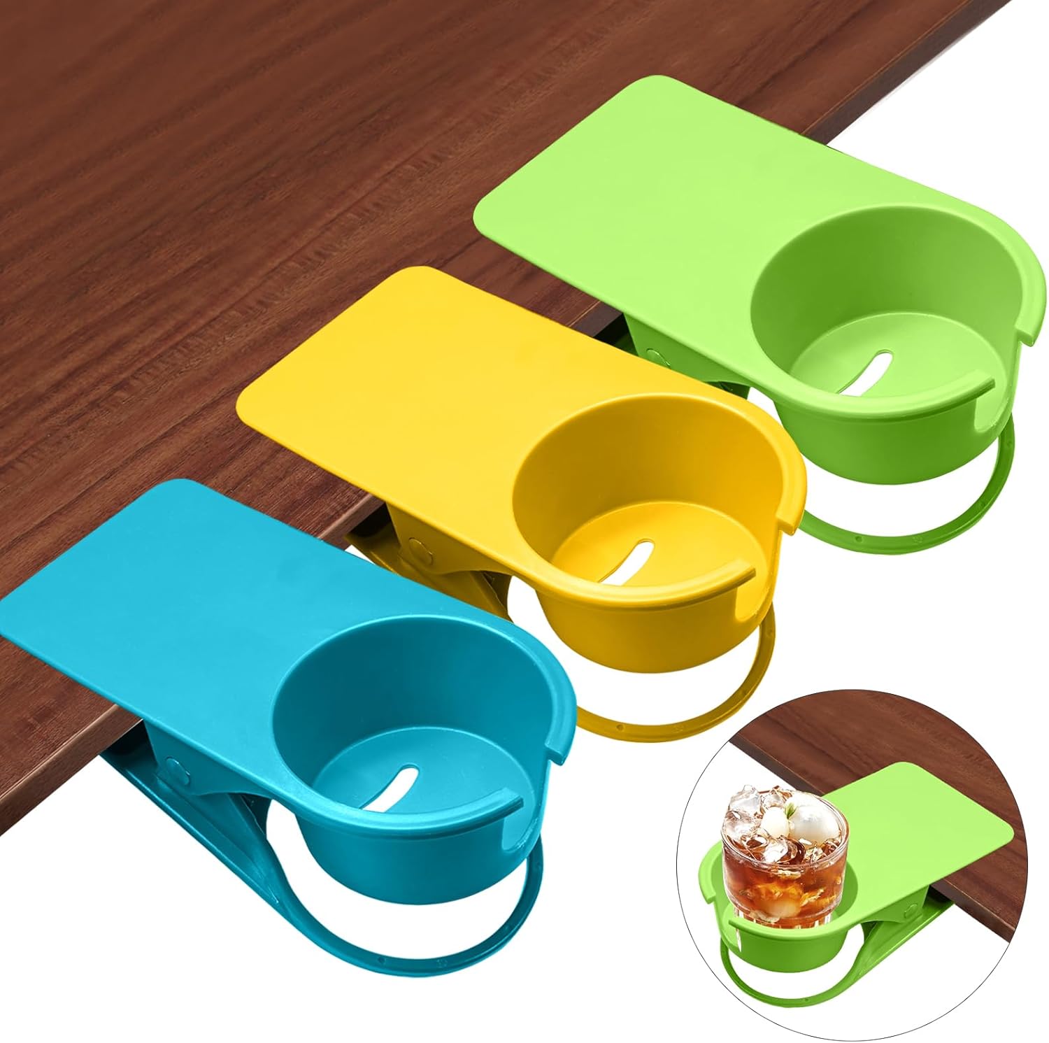 Biaungdo 3 Pack Drinking Cup Holder Clip with Side Hole, Desk Drink Holder Desk Side Clamps Clip Cup Holder Chair Cup Holder for Water Drink Beverage Soda Coffee Mug Holder Green, Blue, Yellow