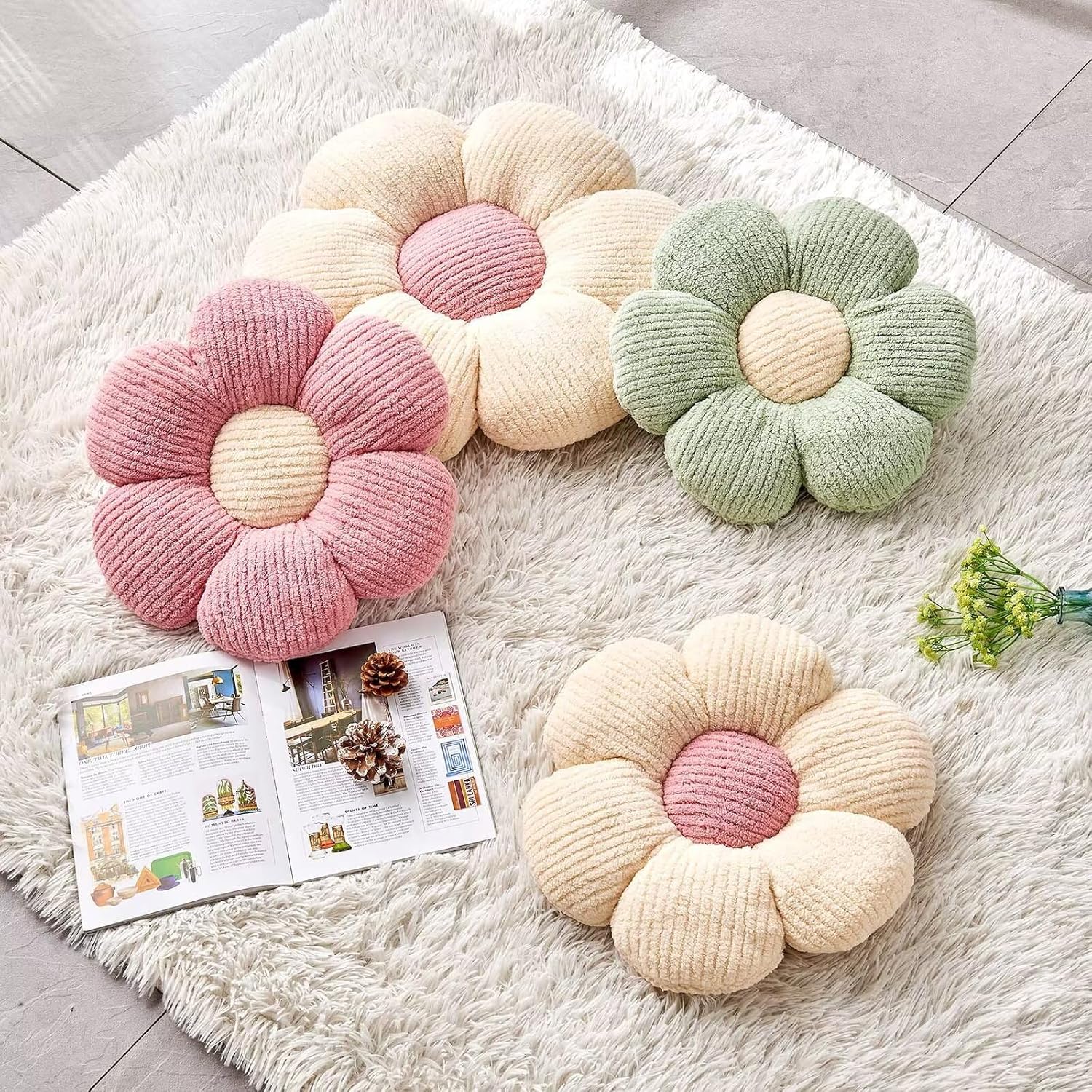 Flower Throw Pillow, Soft Sage Green 14.9" Shaped Floor Pillow for Home Decor, Cute Aesthetic Plush Decorative Pillows for Bed, Sofa, Couch
