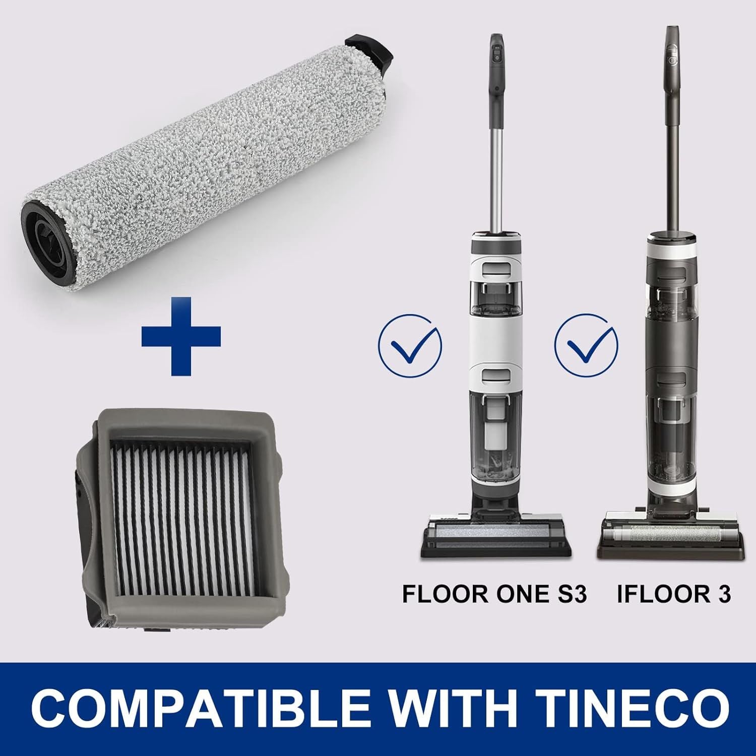 Iloor3 Roller Brush Replacement or Tineco iloor 3 and loor One S3 Cordless Wet Dry Vacuum Cleaner, 2 Brush Roller, 2 HEPA ilters