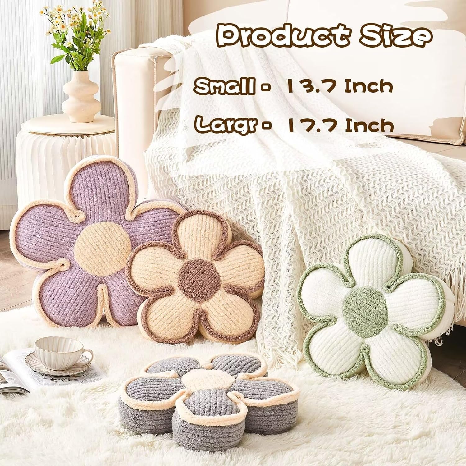 Soft Flower Shaped Floor Cushion, Plush Decorative Throw Pillow, Cute Seating Cushion, Room Decor Plush Pillows for Sofa Couch Bed 13.7 Inch, White