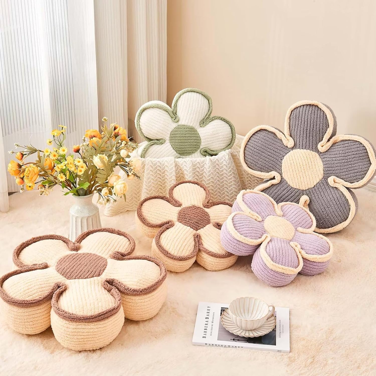 Soft Flower Shaped Floor Cushion, Plush Decorative Throw Pillow, Cute Seating Cushion, Room Decor Plush Pillows for Sofa Couch Bed 13.7 Inch, White
