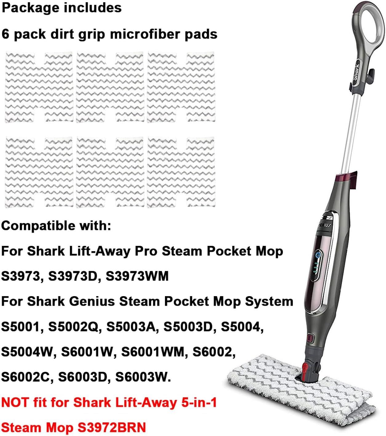 6 Pack Steam Mop Pads Replacement P184WQ or Shark Genius Steam Mop S5003D & Lit-Away Pro Steam Mop S3973 S3973D S3973WM S5001 S5002Q S5003A S5004 S5004W S6001W S6001WM S6002C S6003D S6003W