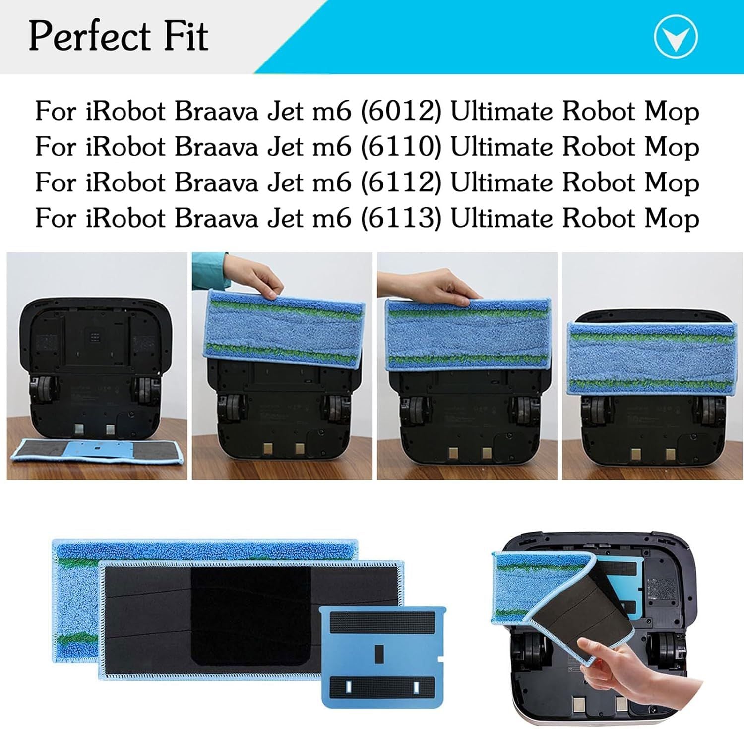 8 Pack Upgraded M6 Wet Mopping Pads or iRobot Braava Jet M6 Series 6110 6012 6112 6113 Ultimate Robot Mops, New Sticky Design, Detachable, Washable and Reusable M6 Pads Accessories Parts