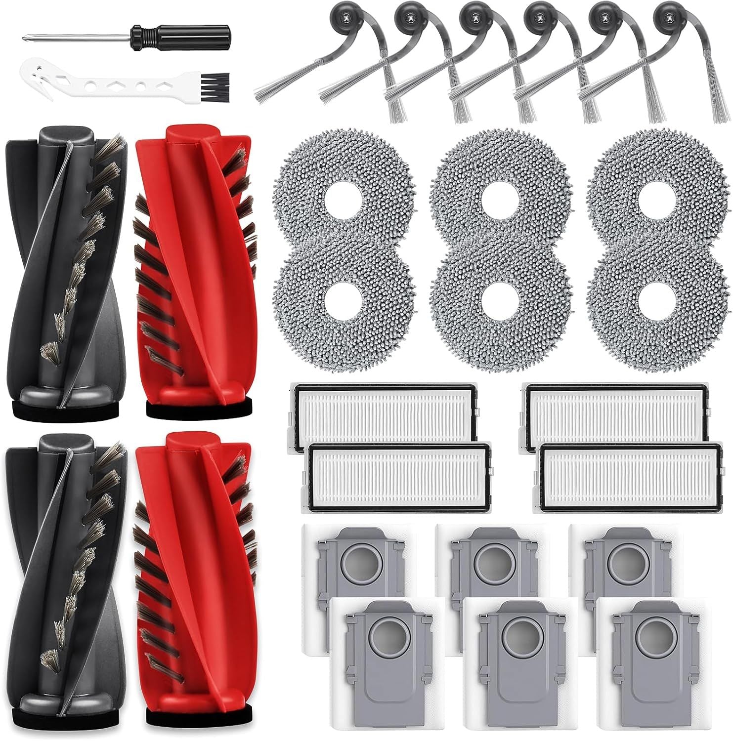 28 Pack Replacement Accessories or Qrevo Curv/Curv S5X/Qrevo Edge/Edge S5A/Qrevo S5V Robot Vacuum, 2 Pairs Mainbrush 4 ilter 6 Dust Bags 6 Mop Pad 6 Sidebrush 1 Cleaning Brush 1 Screwdriver