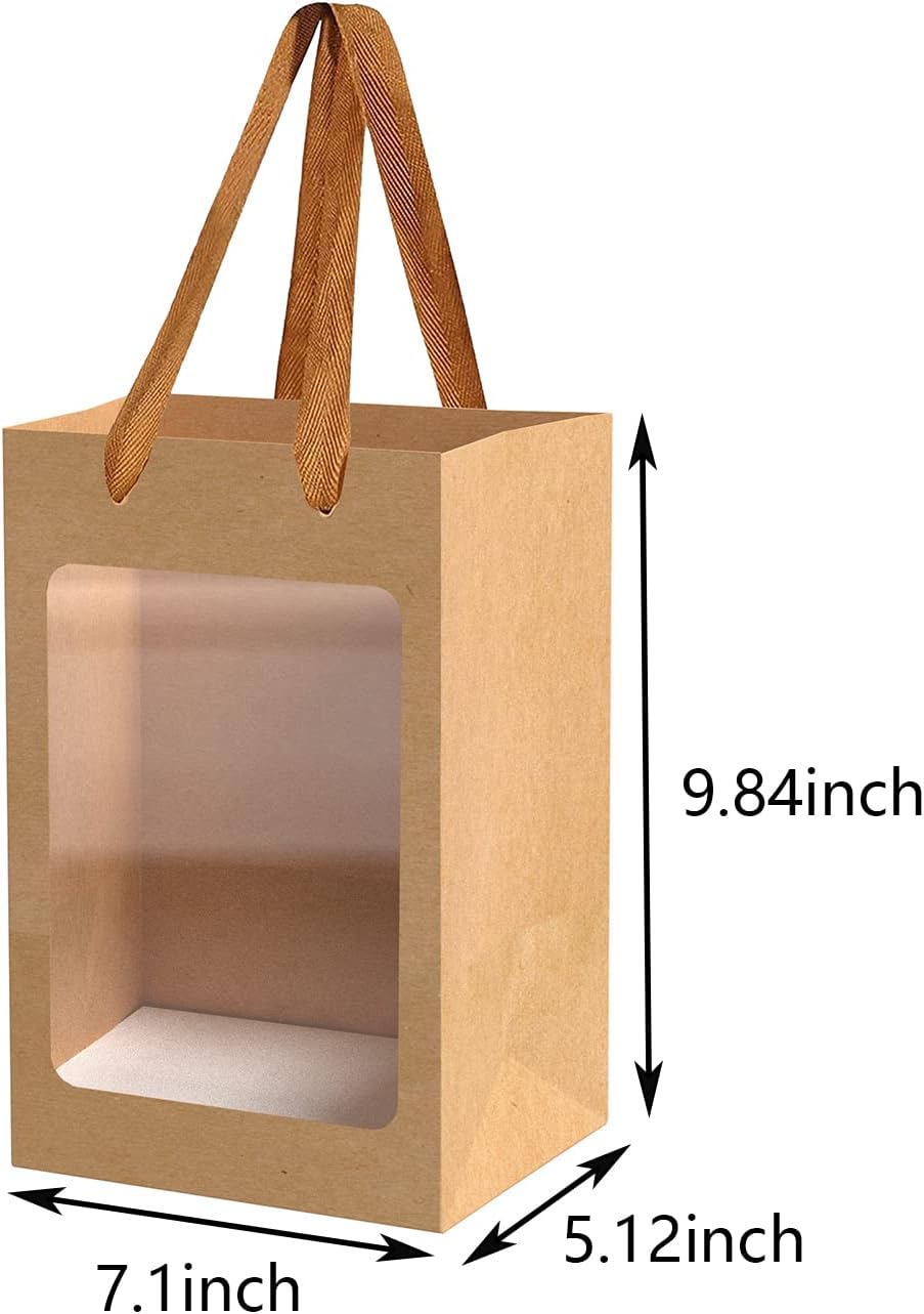 BallHull 12 Pcs Brown Paper Gift Bags with Transparent Window, 9.84"x7.0"x5.12" Kraft Shopping Bags with Handles for Bouquet Christmas Birthdays Festivals Party Weddings Wrapping