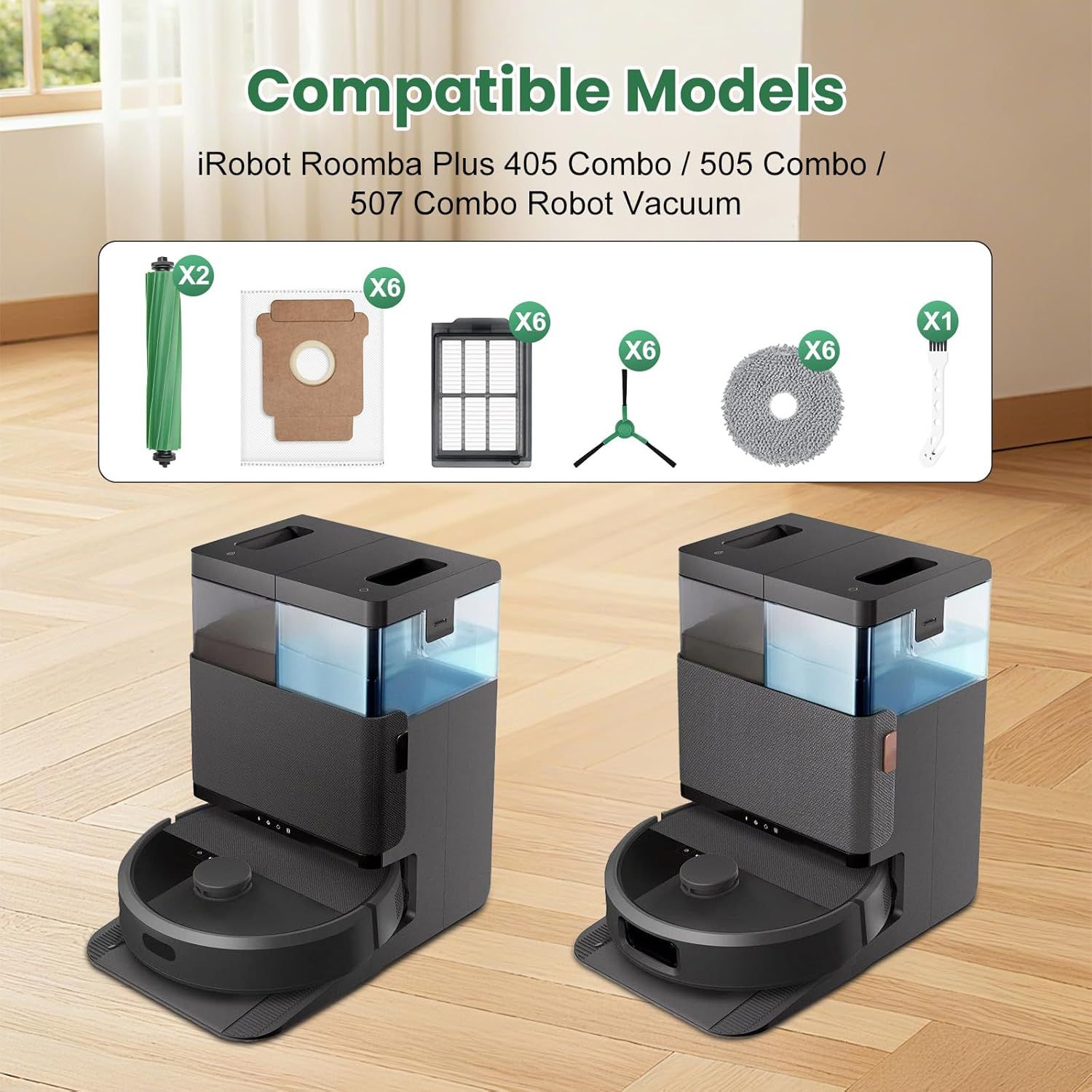 27 Pack Replacement Accessories or iRobot Roomba Plus 405 Combo/505 Combo/507 Combo Robot Vacuum Cleaner, 2 Main Brushes 6 Side Brushes 6 HEPA ilters 6 Mop Pads 6 Dust Bags 1 Cleaning Brush