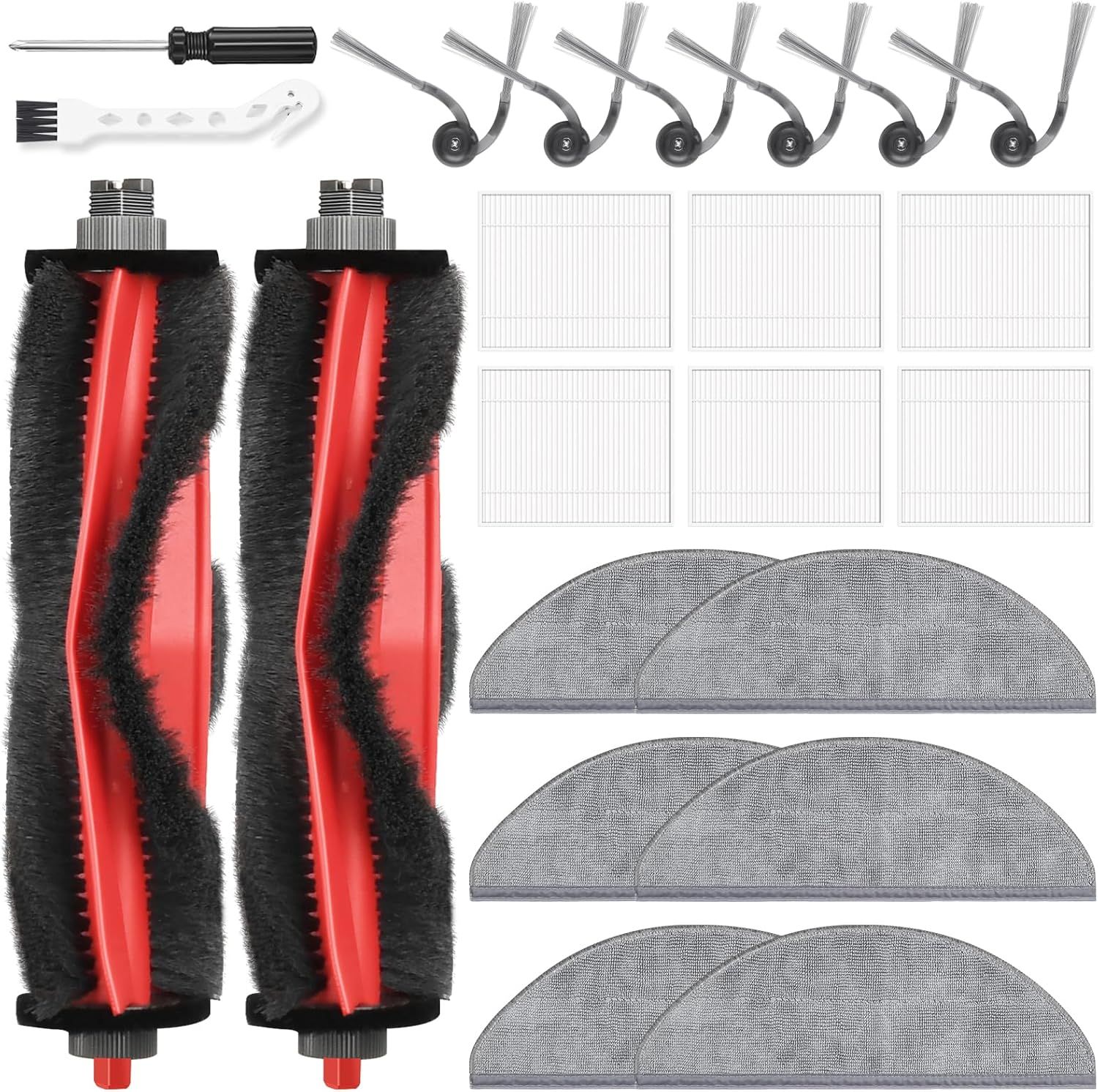 22 Pack Replacement Accessories or Q7 M5 / Q7 M5+ / Q7 L5 / Q7 L5+ Robot Vacuum Cleaner, 2 Main Brushes 6 Side Brushes 6 HEPA ilters 6 Mop Pads 1 Cleaning Brush 1 Screwdriver