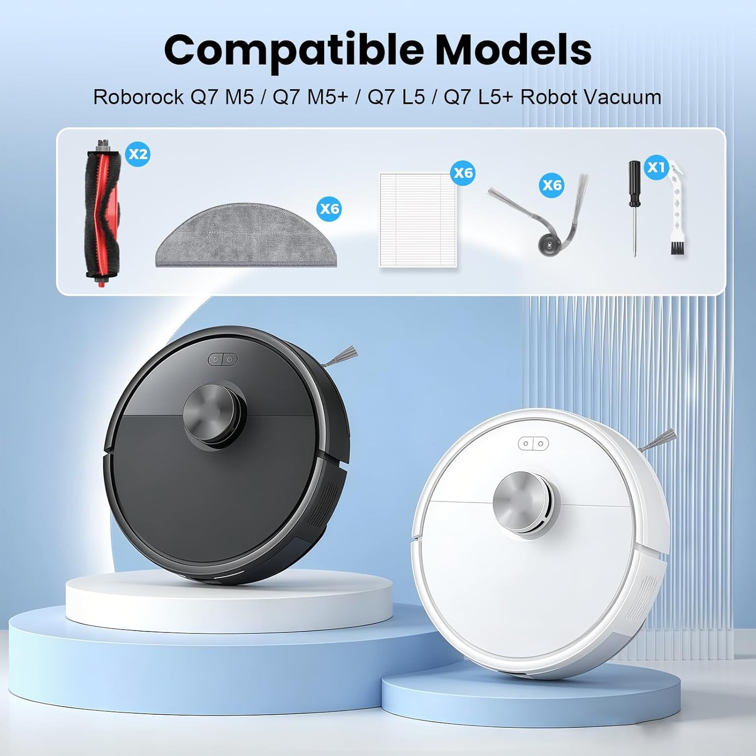 22 Pack Replacement Accessories or Q7 M5 / Q7 M5+ / Q7 L5 / Q7 L5+ Robot Vacuum Cleaner, 2 Main Brushes 6 Side Brushes 6 HEPA ilters 6 Mop Pads 1 Cleaning Brush 1 Screwdriver