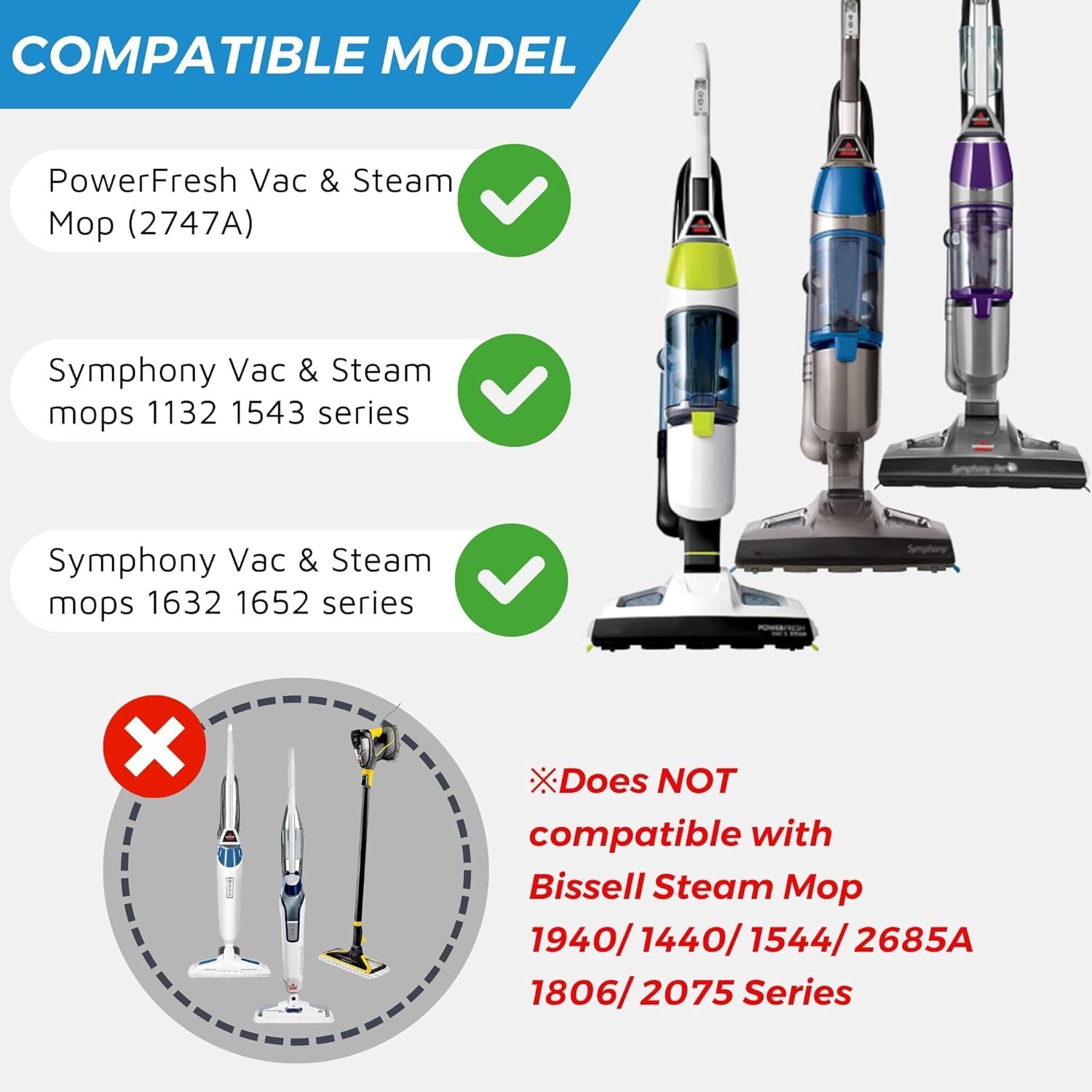 Steam Mop Pads or Bissell Powerresh Vac & Steam Series - 6 Pack, Compatible with 2747A, 1132, 1543, 1632, 1652 Models, Hard loor Mop