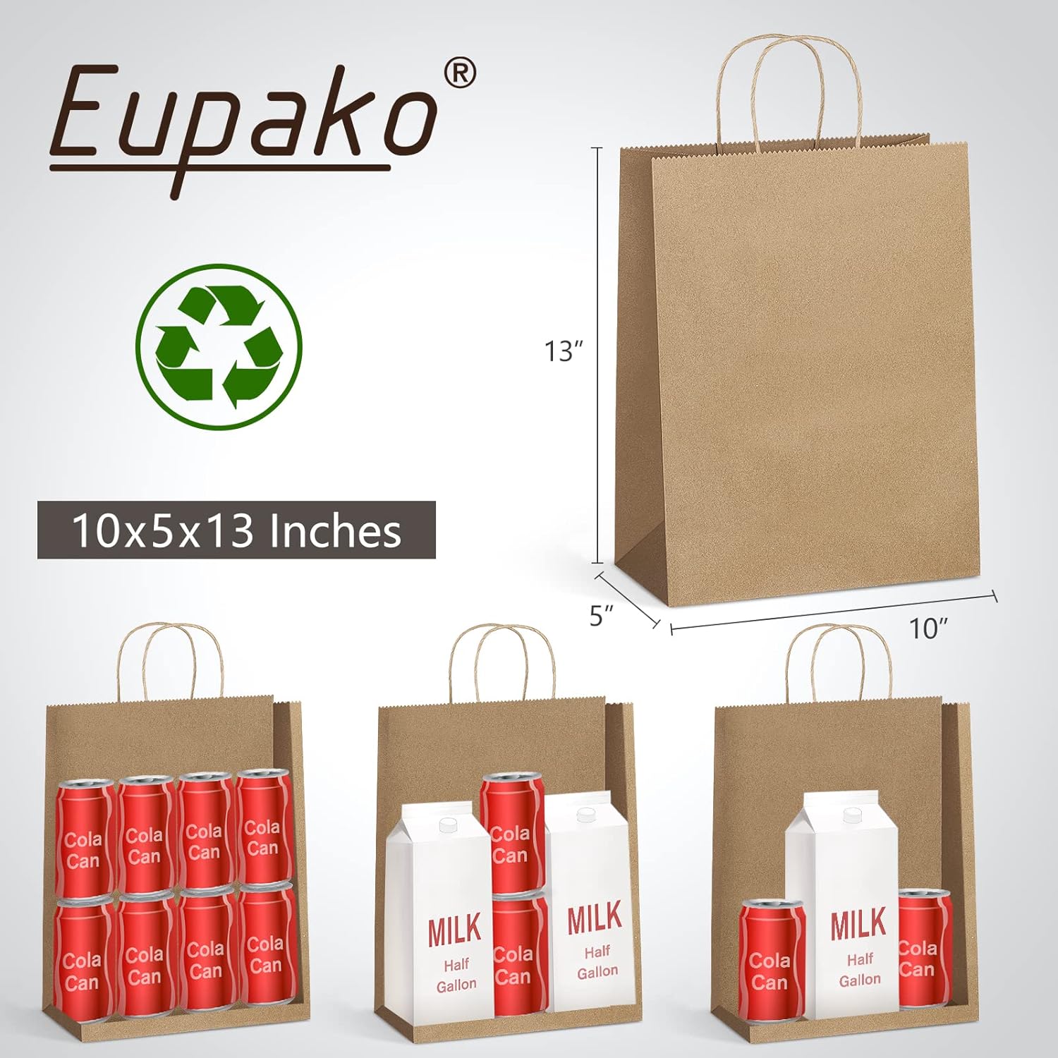 Eupako Kraft Shopping Bags 10x5x13 - 100 PCS Brown Paper With Handles, Gift Bulk, Party Favor, Merchandise, Retail