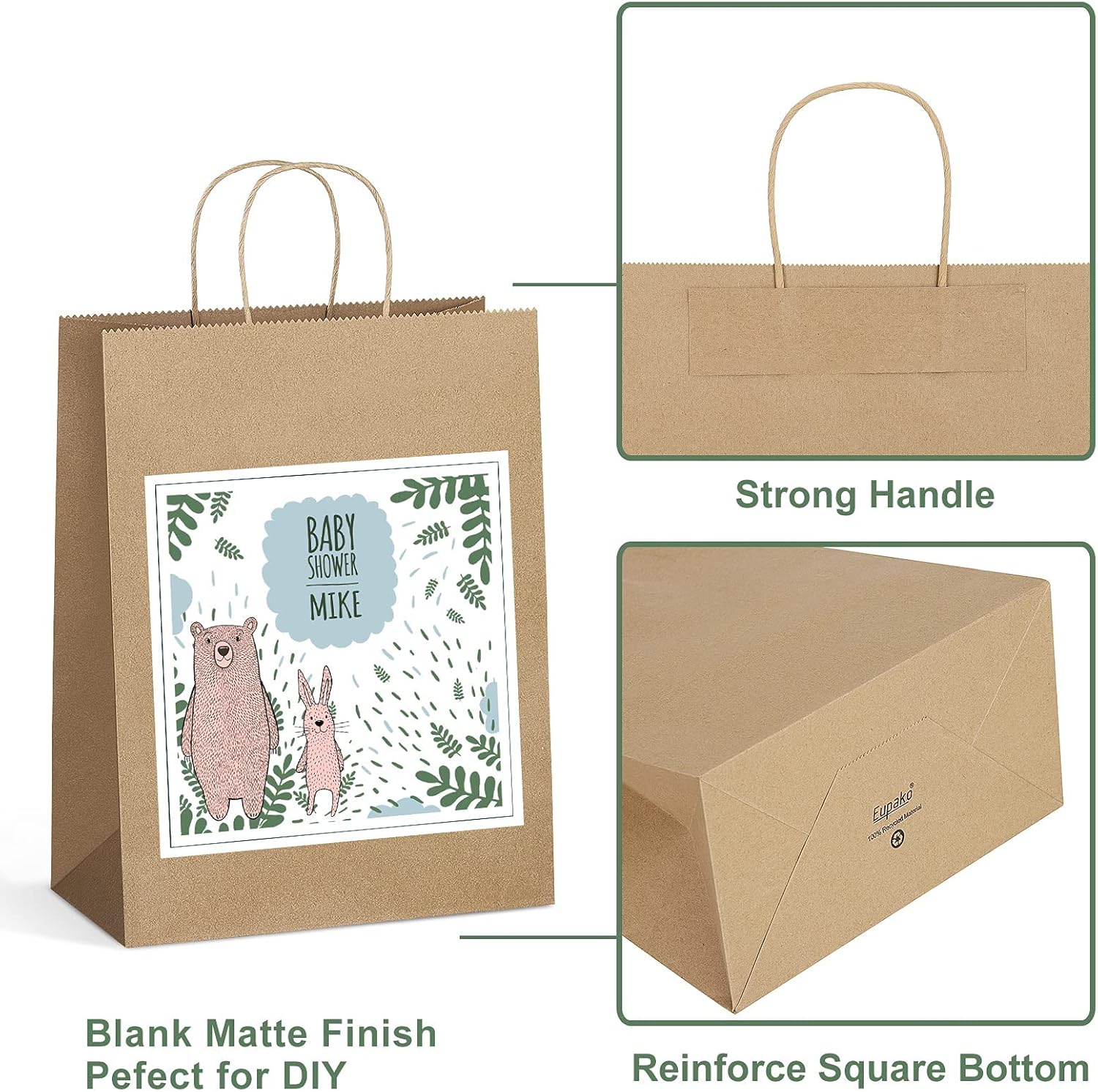 Eupako Kraft Shopping Bags 10x5x13 - 100 PCS Brown Paper With Handles, Gift Bulk, Party Favor, Merchandise, Retail