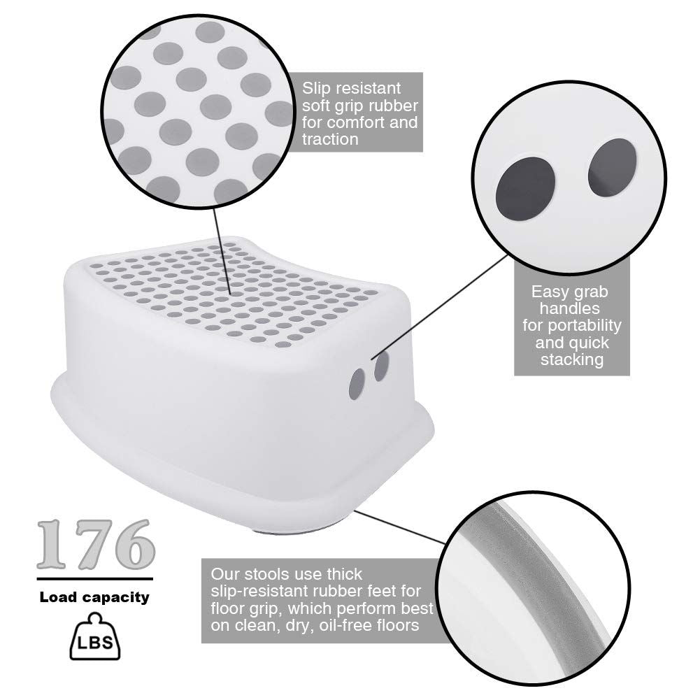 Step Stool or Kids 2 Pack , Toddlers Stool or Potty Training, Bathroom, Kitchen, Bedroom, Toy Room and Living Room. Toilet Stools with Sot Anti-Slip Grips or Saety, Stackable Grey