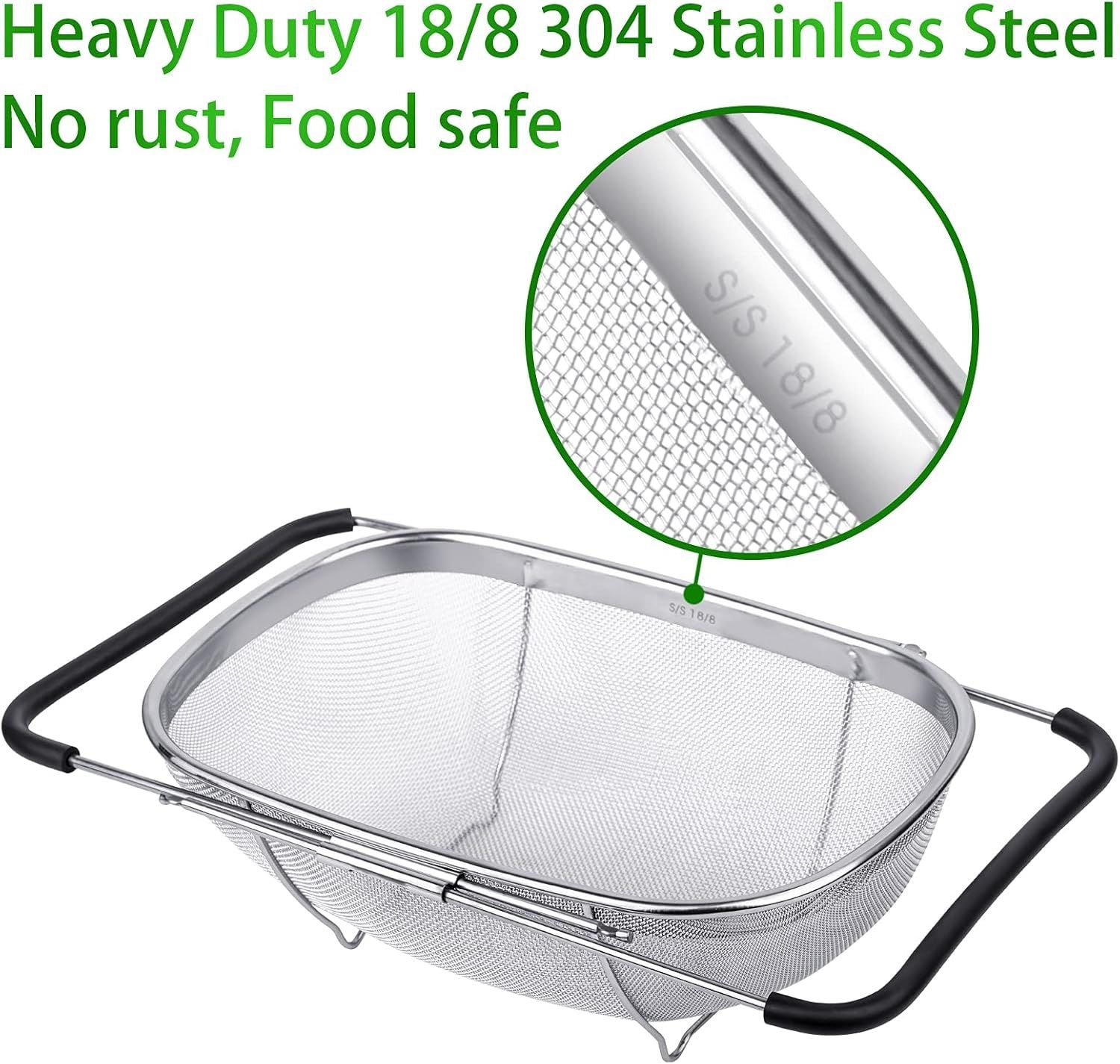 6-Quart Large Over The Sink Colander, Heavy Duty 40% Thicker 18/8 Stainless Steel ine Mesh Strainer Basket with Expandable Rubber Grip Handles - Strain, Drain, Rinse ruits, Vegetables