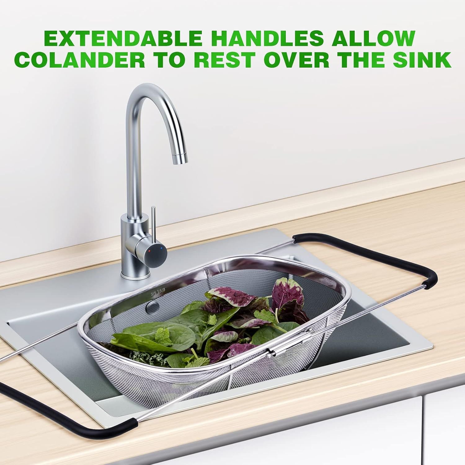 6-Quart Large Over The Sink Colander, Heavy Duty 40% Thicker 18/8 Stainless Steel ine Mesh Strainer Basket with Expandable Rubber Grip Handles - Strain, Drain, Rinse ruits, Vegetables
