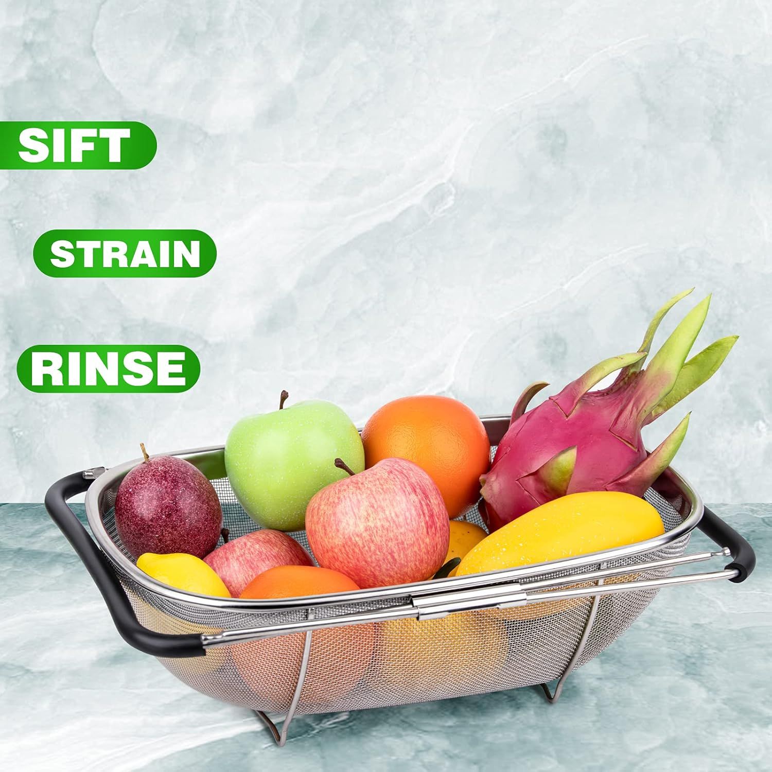 6-Quart Large Over The Sink Colander, Heavy Duty 40% Thicker 18/8 Stainless Steel ine Mesh Strainer Basket with Expandable Rubber Grip Handles - Strain, Drain, Rinse ruits, Vegetables