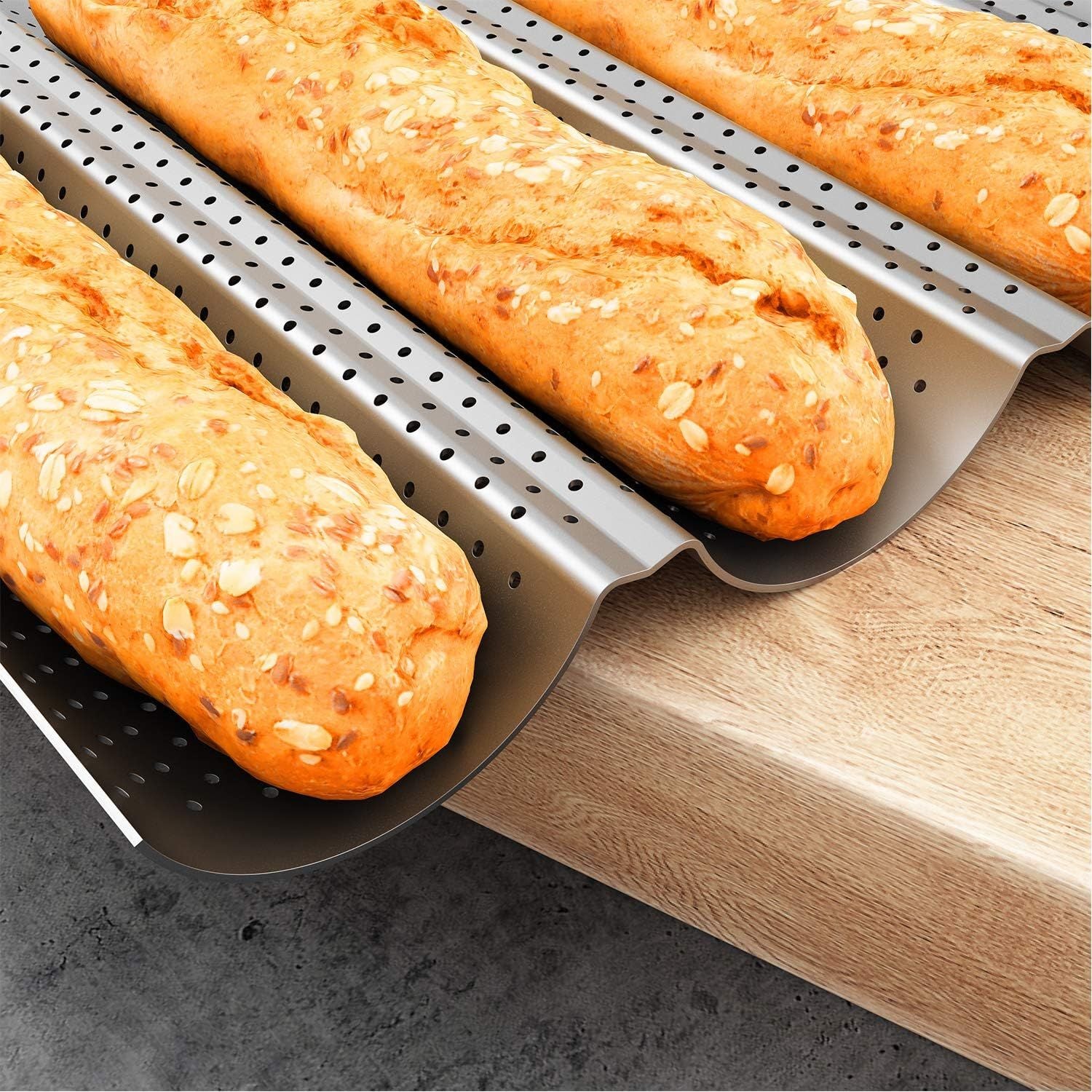 2 Pack Nonstick Perorated Baguette Pan 15" x 13" or rench Bread Baking 4 Wave Loaves Loa Bake Mold Oven Toaster Pan Silver