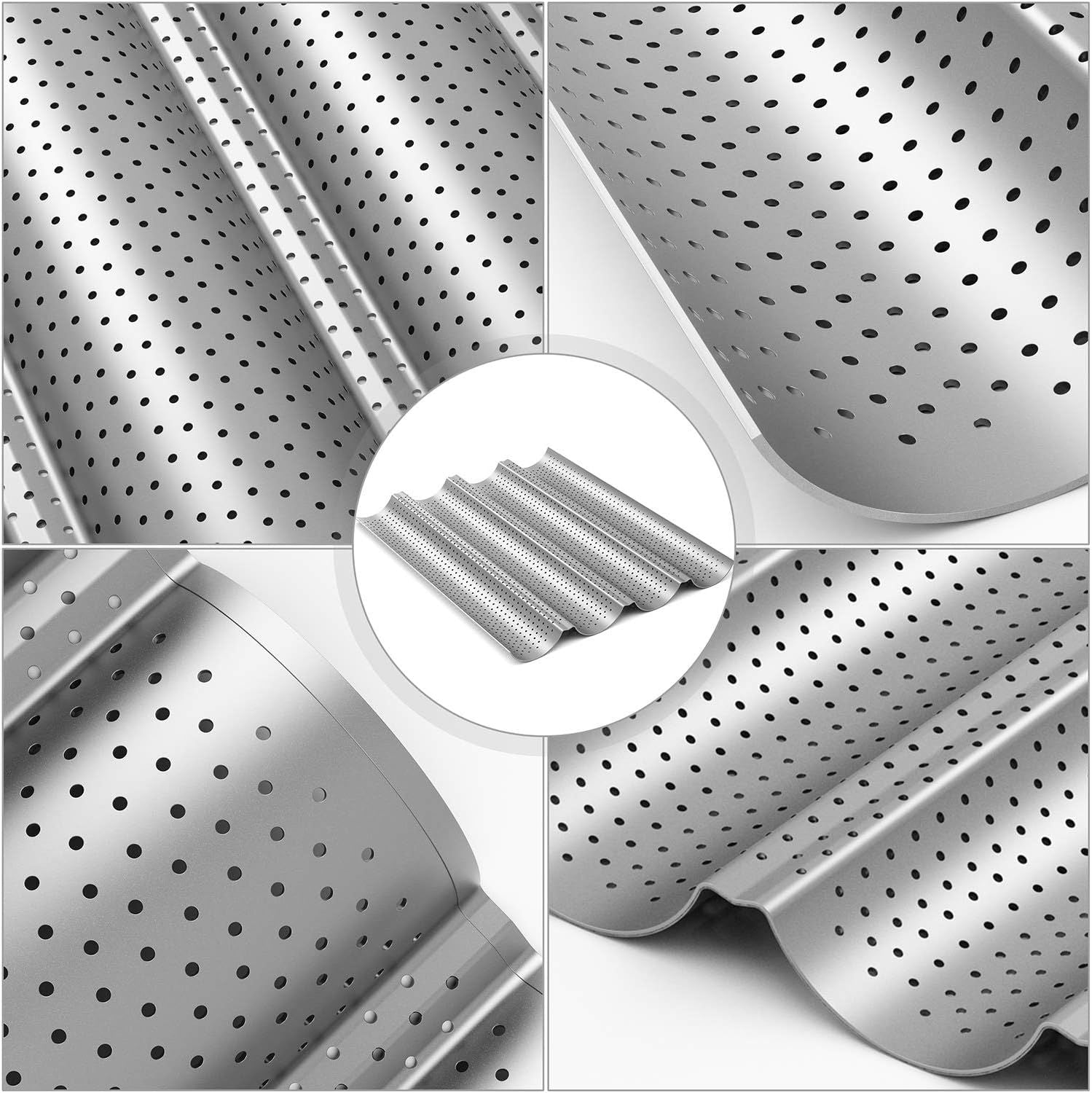 2 Pack Nonstick Perorated Baguette Pan 15" x 13" or rench Bread Baking 4 Wave Loaves Loa Bake Mold Oven Toaster Pan Silver
