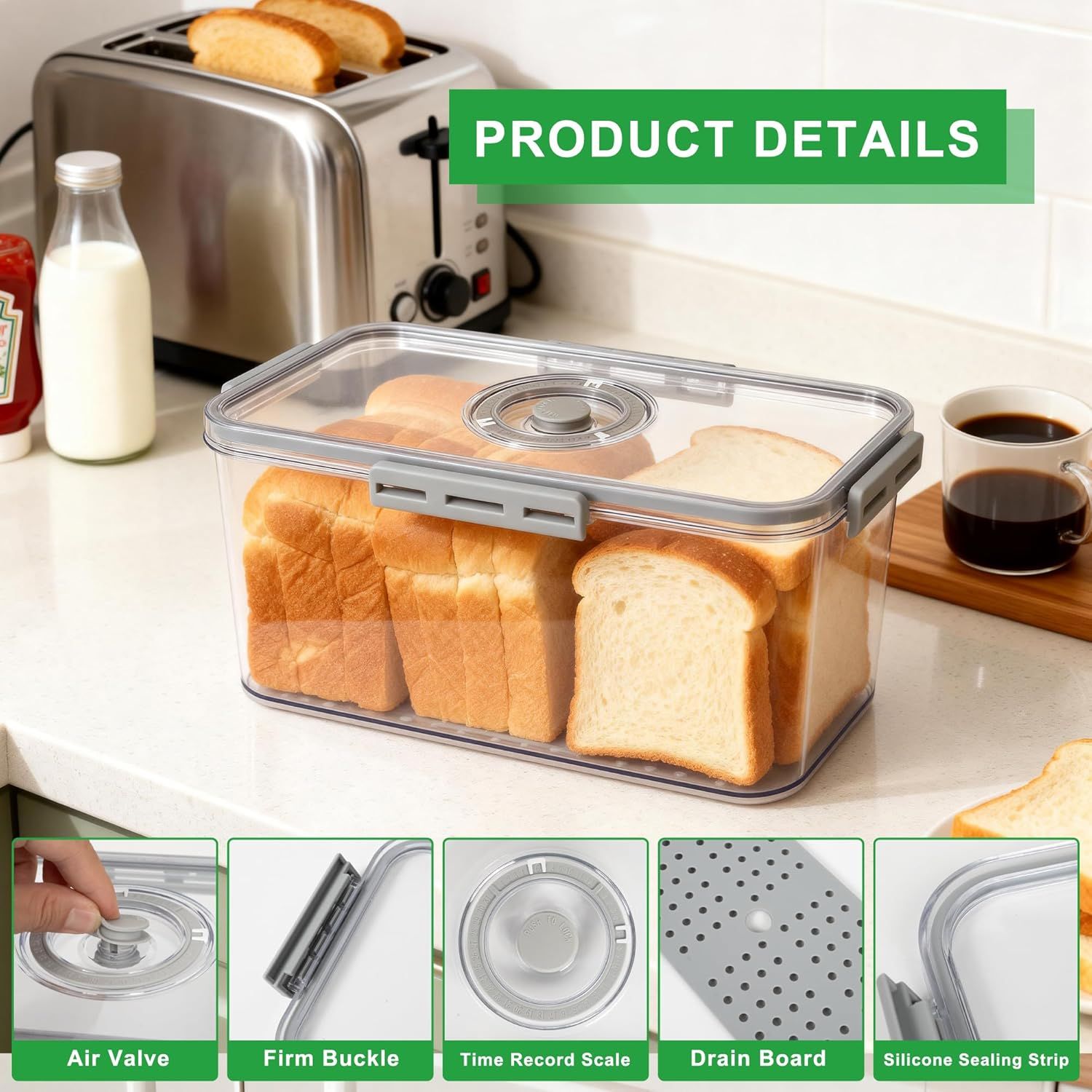 Plastic Bread Box or Kitchen Countertop, Airtight Bread Storage Container or Homemade Bread, Toast, Loa, Bagel, Donut and Cookies, Time Recording Bread Keeper, Dishwasher Sae