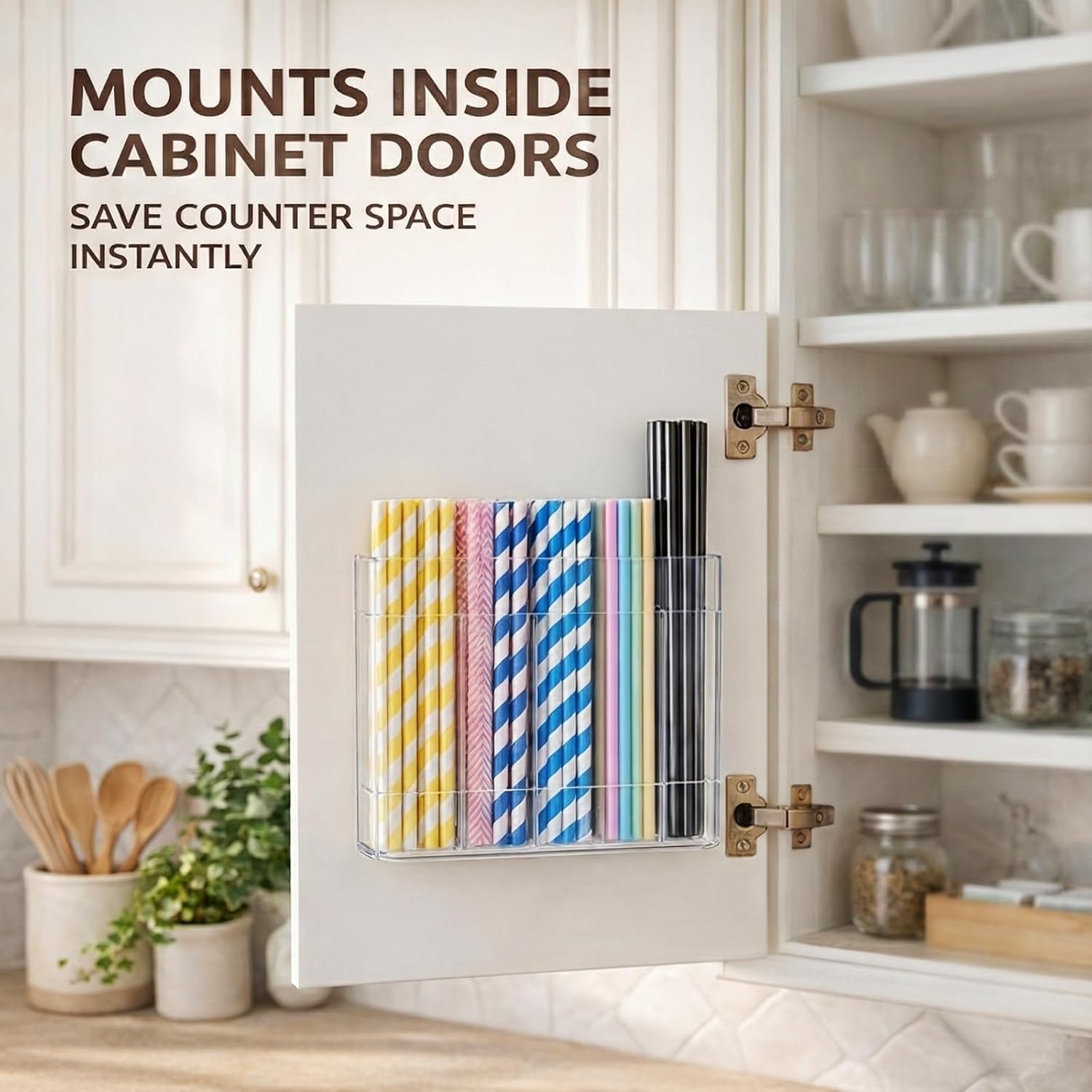 Fengzhe 9.5" Acrylic Straw Holder for Cabinet Door – Reusable Space-Saving Organizer with Strong Double-Sided Adhesive Tape, Straw Container for Kitchen Cupboard or Countertop Transparent