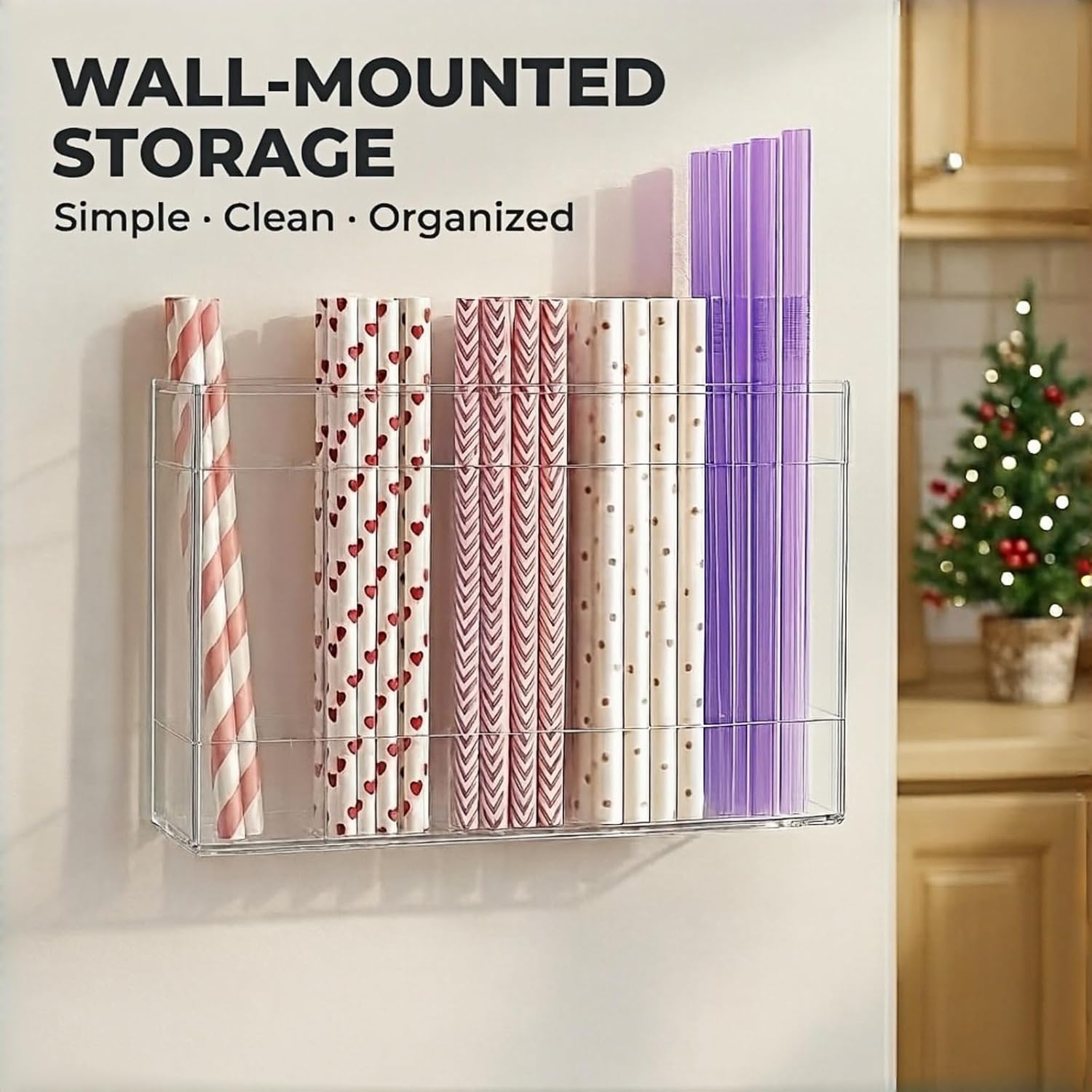 Fengzhe 9.5" Acrylic Straw Holder for Cabinet Door – Reusable Space-Saving Organizer with Strong Double-Sided Adhesive Tape, Straw Container for Kitchen Cupboard or Countertop Transparent