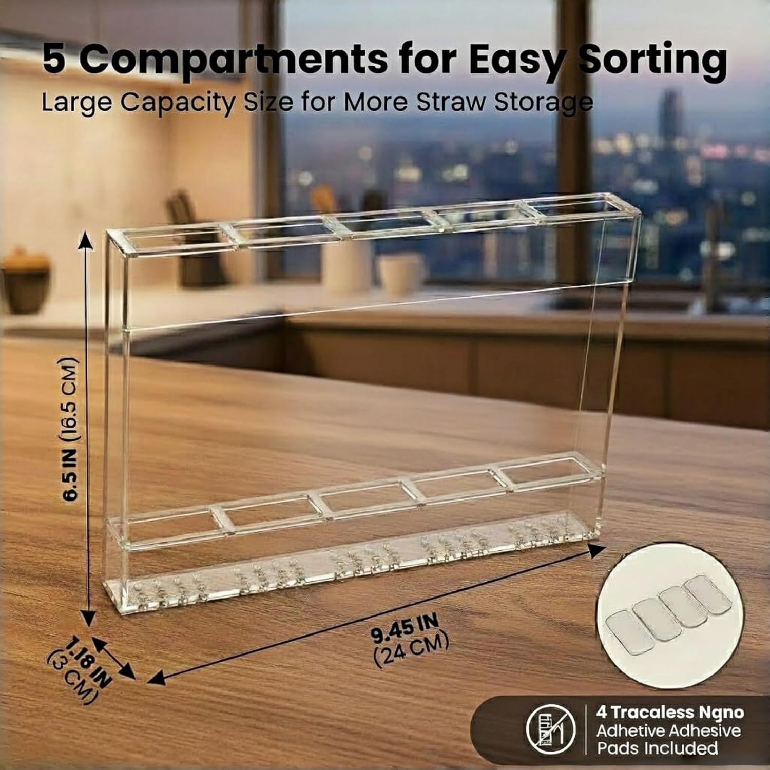 Fengzhe 9.5" Acrylic Straw Holder for Cabinet Door – Reusable Space-Saving Organizer with Strong Double-Sided Adhesive Tape, Straw Container for Kitchen Cupboard or Countertop Transparent