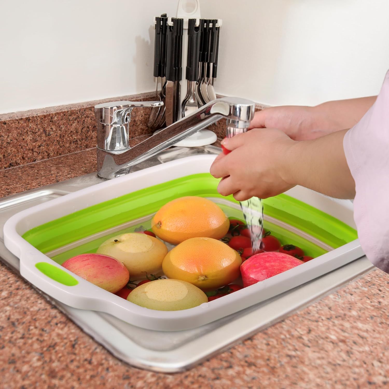 2 Pack Collapsible Cutting Board, oldable Dish Tub with Draining Hole, Portable Chopping Board with Colander, 3 in 1 Multiunction Camping Sink or Washing Dish, Bowl, Vegetables and ruit