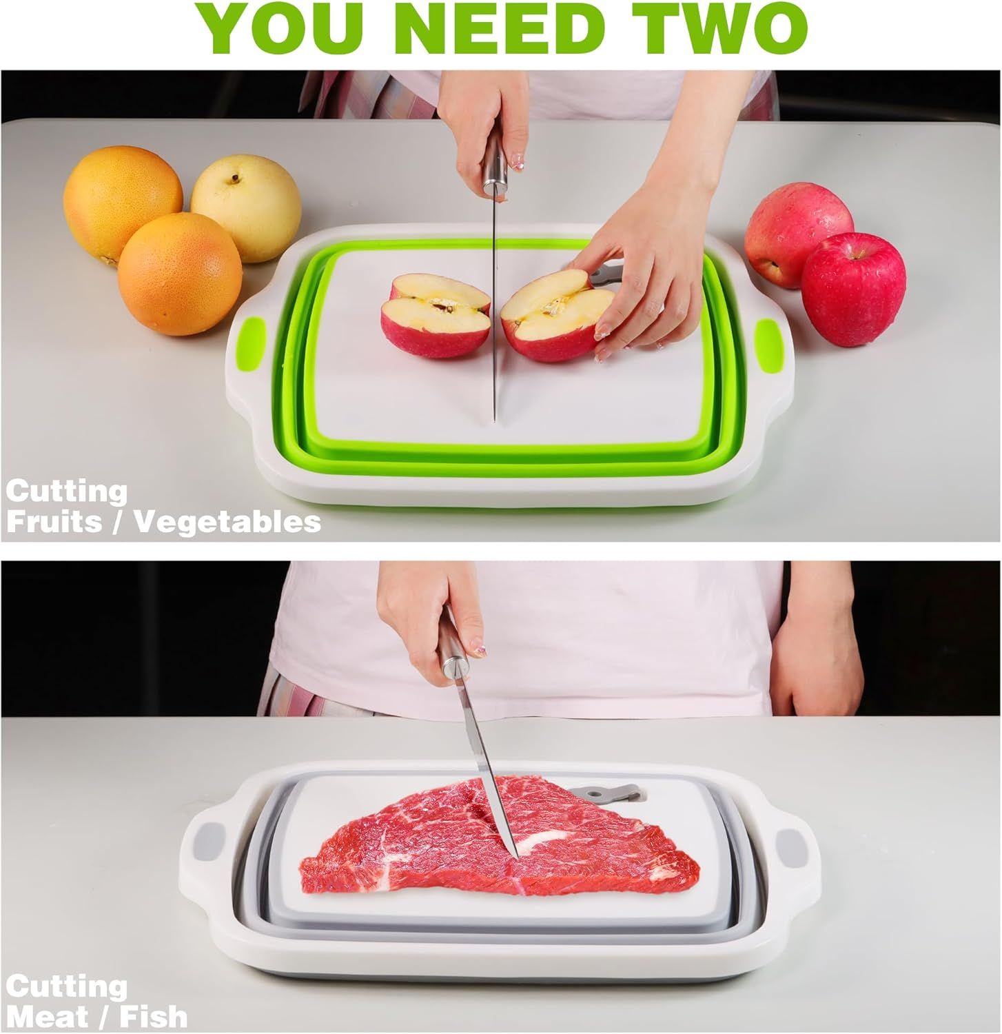 2 Pack Collapsible Cutting Board, oldable Dish Tub with Draining Hole, Portable Chopping Board with Colander, 3 in 1 Multiunction Camping Sink or Washing Dish, Bowl, Vegetables and ruit