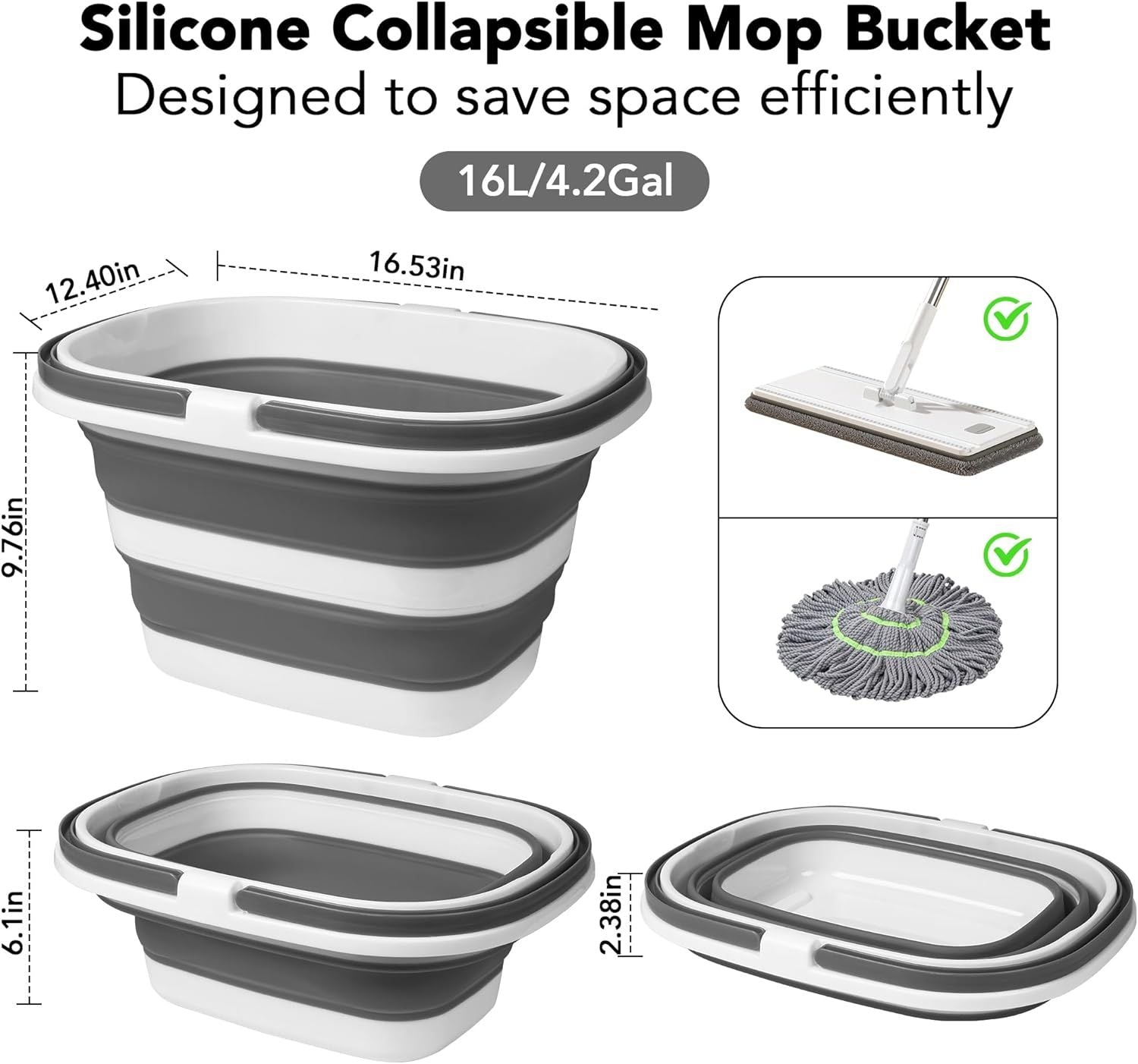 Large Collapsible Mop Bucket, 16L 4.2 Gallon Plastic Bucket or House Cleaning, Car Washing, Silicone Cleaning Supplier Organizer, Portable Basket with Handle or Laundry Storage, RV Camping, ishing