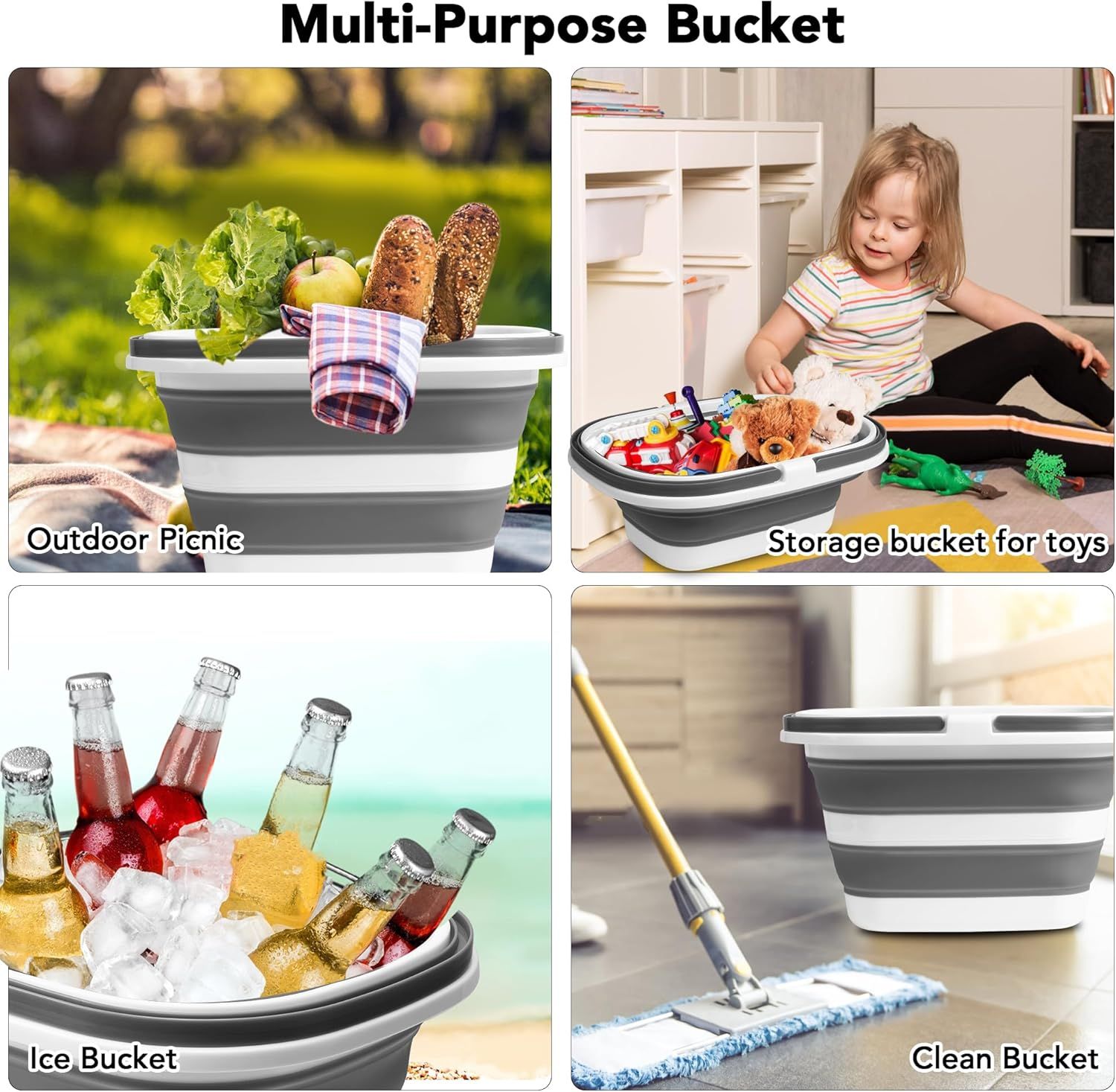 Large Collapsible Mop Bucket, 16L 4.2 Gallon Plastic Bucket or House Cleaning, Car Washing, Silicone Cleaning Supplier Organizer, Portable Basket with Handle or Laundry Storage, RV Camping, ishing
