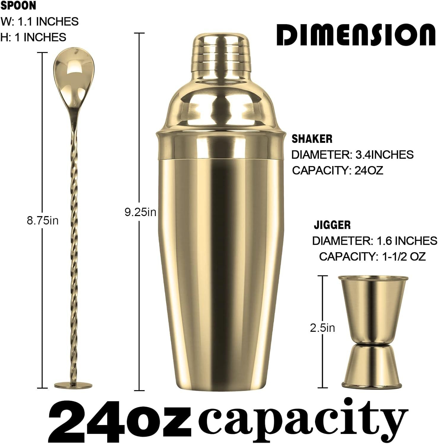 Large 24oz Cocktail Shaker Set, Stainless Steel 18/8 Martini Mixer Shaker with Built-in Strainer, Measuring Jigger & Mixing Spoon, Martini Shaker Set, Perect or Bartender and Home Use, Gold