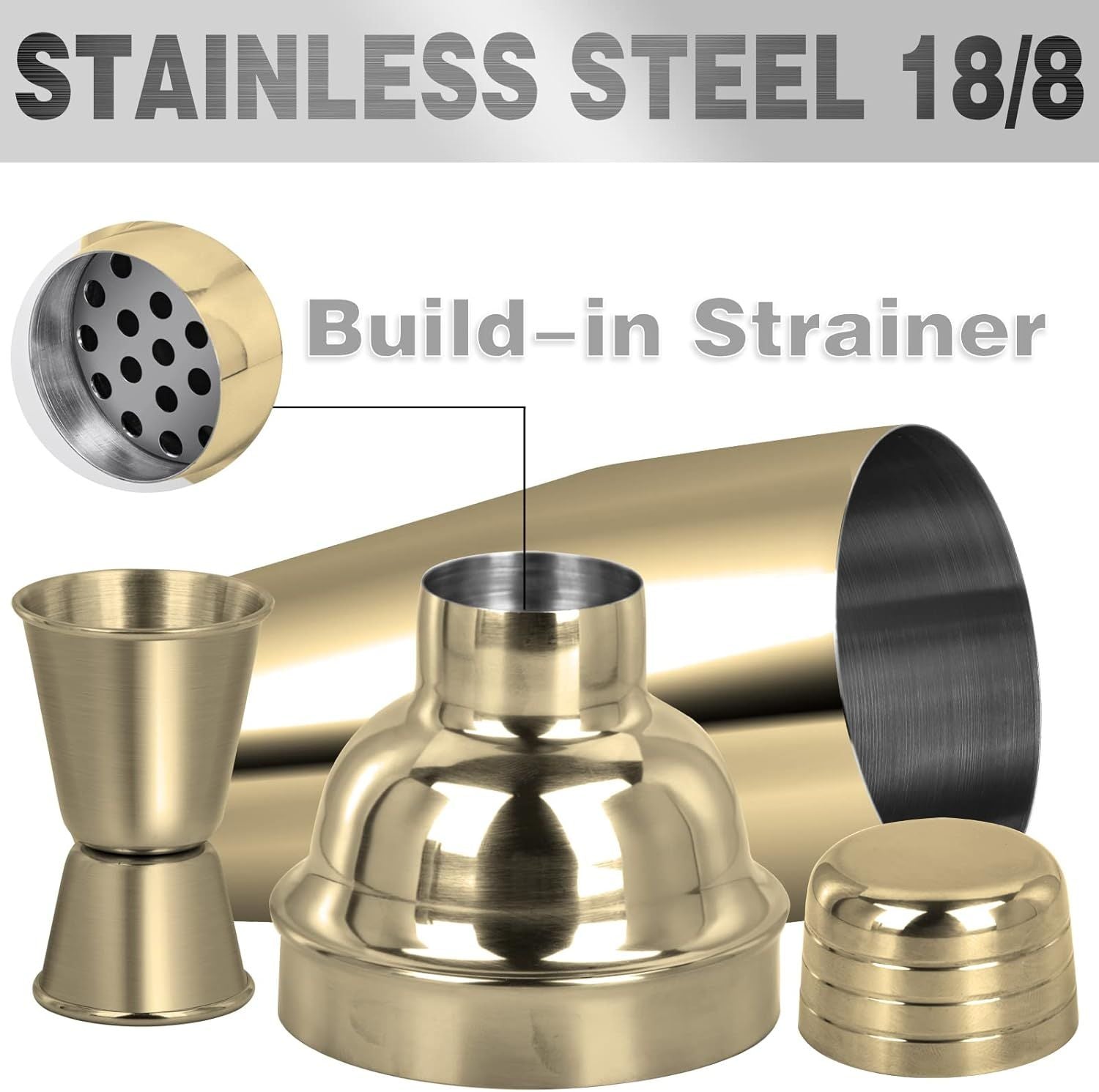 Large 24oz Cocktail Shaker Set, Stainless Steel 18/8 Martini Mixer Shaker with Built-in Strainer, Measuring Jigger & Mixing Spoon, Martini Shaker Set, Perect or Bartender and Home Use, Gold