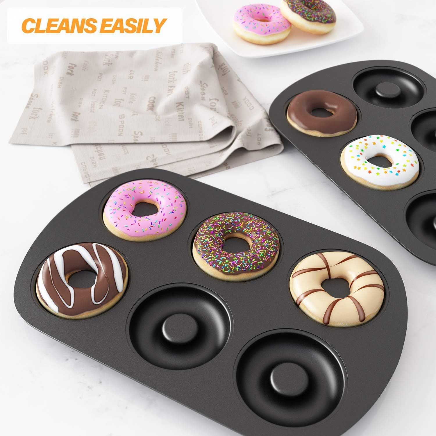 Non-Stick 6-Cavity Donut Baking Pans, Makes Individual ull-Sized 3 1/4" Donuts, Set o 3