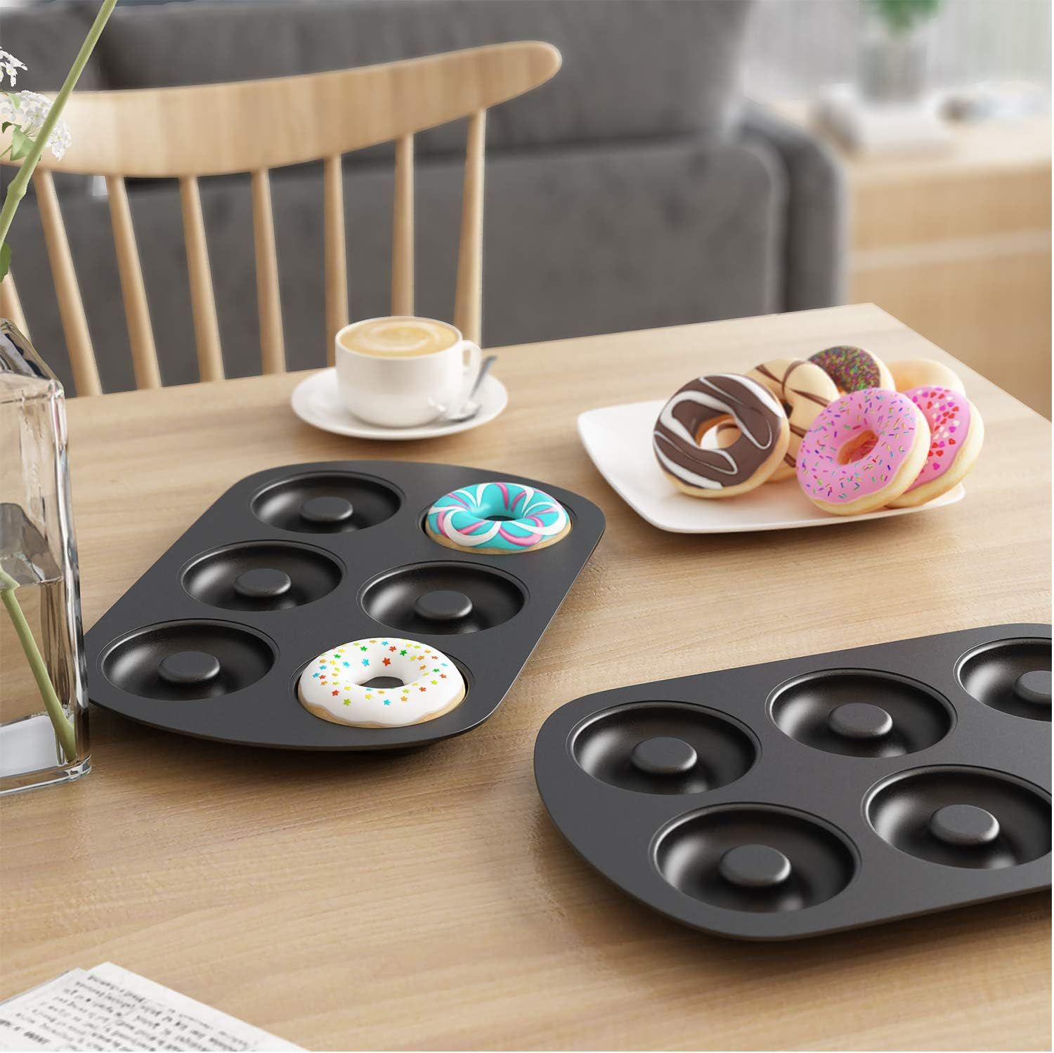 Non-Stick 6-Cavity Donut Baking Pans, Makes Individual ull-Sized 3 1/4" Donuts, Set o 3