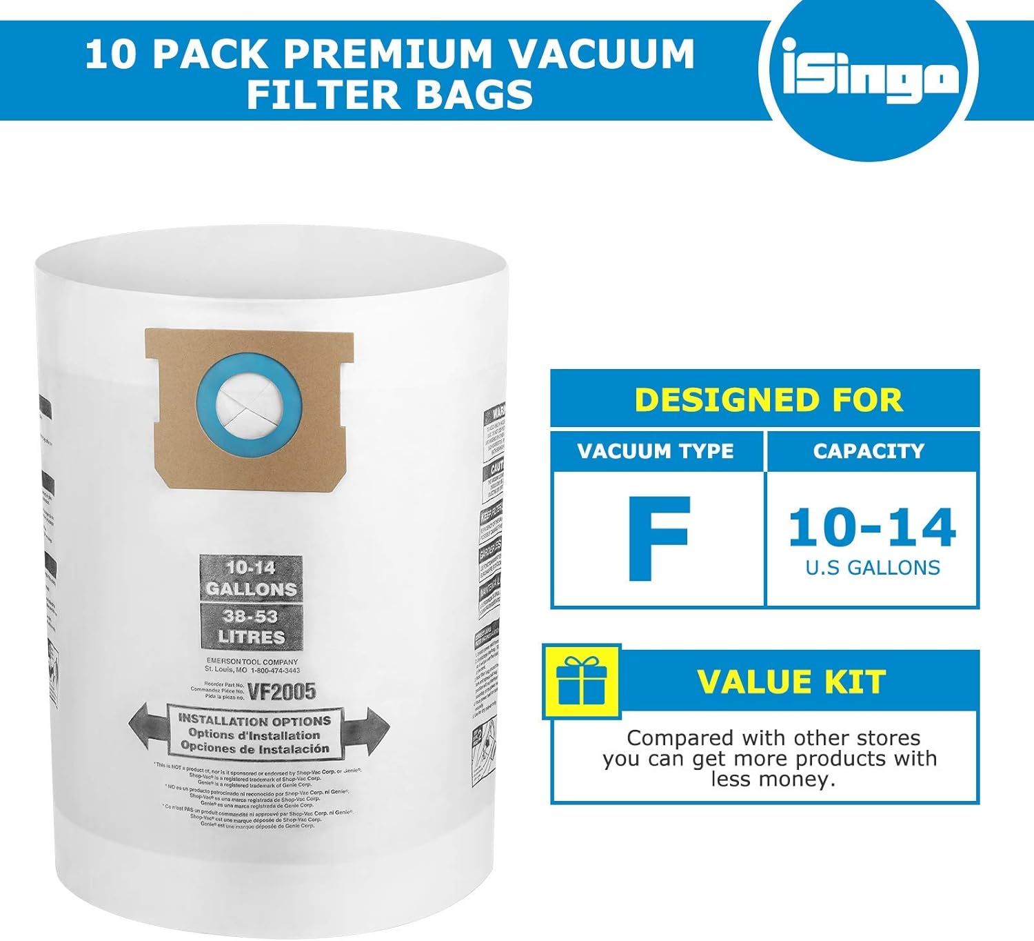 10 PCS Vacuum Bags Replacement or Shop Vac Bags 10-14 Gallon,Type 90662 9066200 9066233; Type I 90672 9067200 9067233; V2005, High Eiciency Disposable ine Dust Collection Vacuum ilter Bags