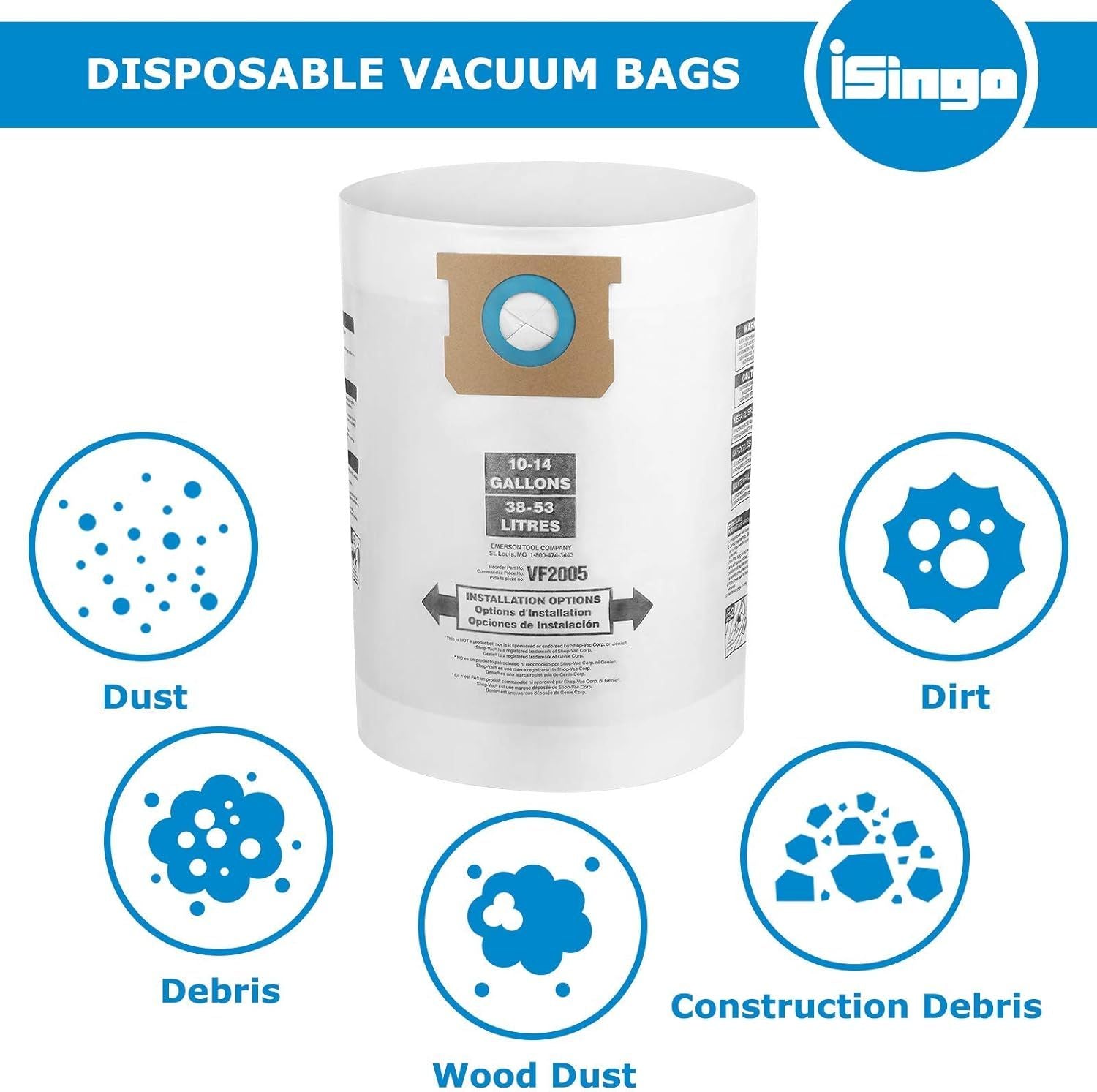 10 PCS Vacuum Bags Replacement or Shop Vac Bags 10-14 Gallon,Type 90662 9066200 9066233; Type I 90672 9067200 9067233; V2005, High Eiciency Disposable ine Dust Collection Vacuum ilter Bags