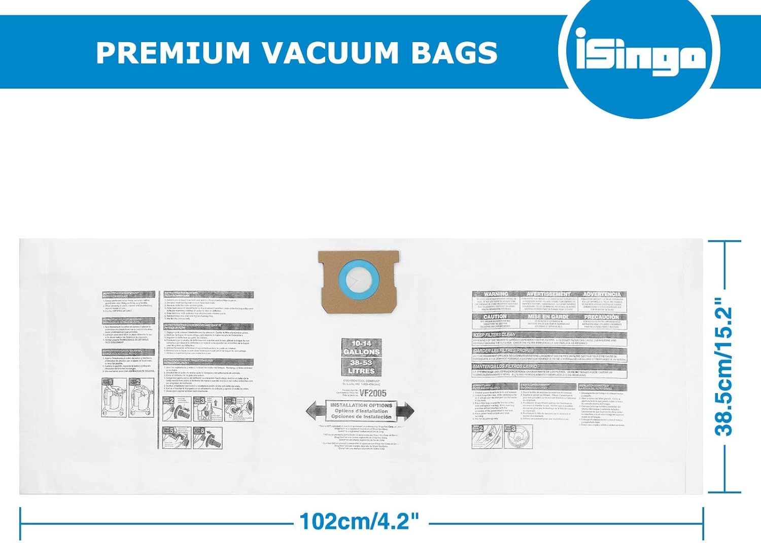 10 PCS Vacuum Bags Replacement or Shop Vac Bags 10-14 Gallon,Type 90662 9066200 9066233; Type I 90672 9067200 9067233; V2005, High Eiciency Disposable ine Dust Collection Vacuum ilter Bags