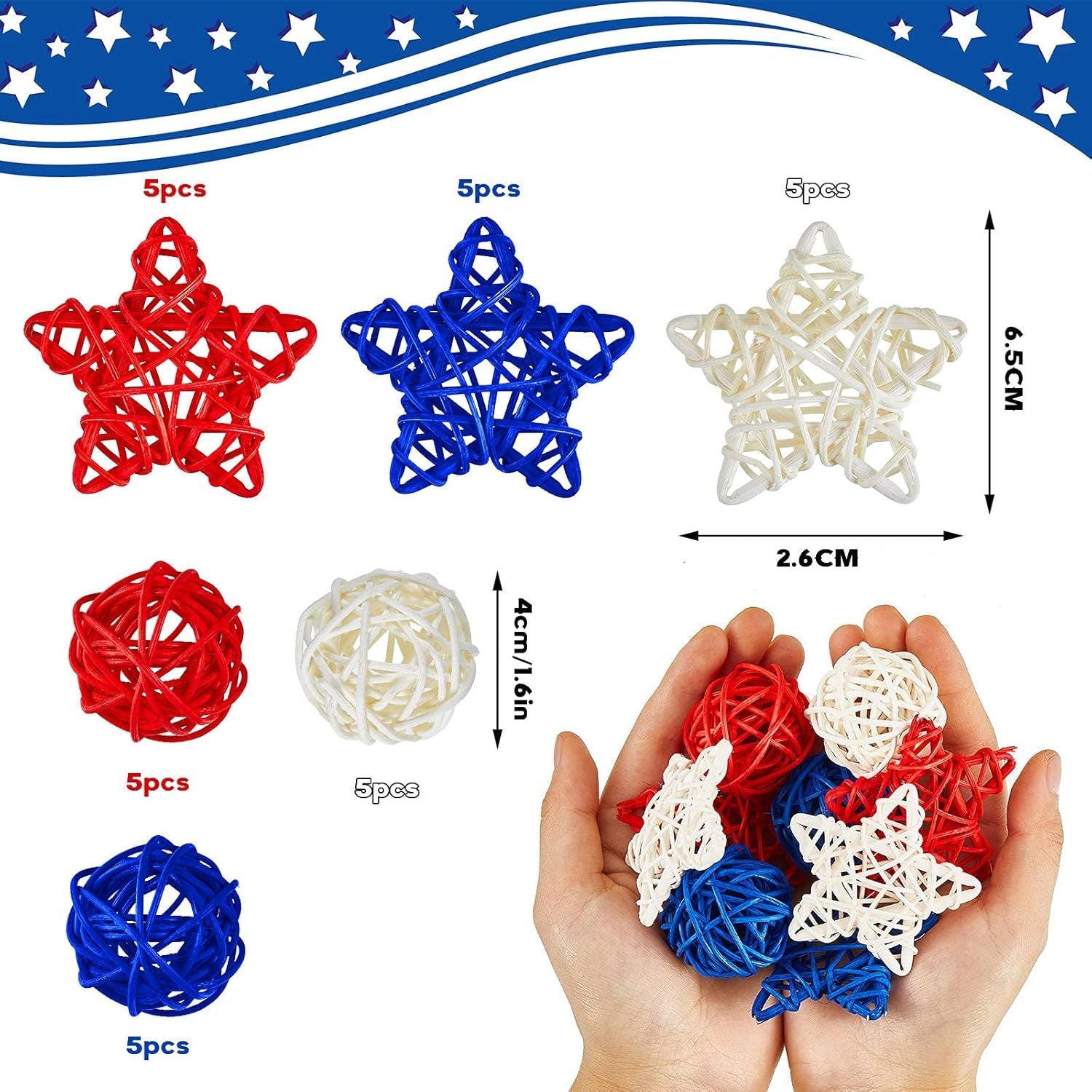 30 Pcs 4th o July Rattan Ball Decorations, Patriotic Red Blue White Stars or USA 250th Anniversary Home Decor Memorial Independence Day Crat Vase Bowl iller Table Party Decorative Supplies