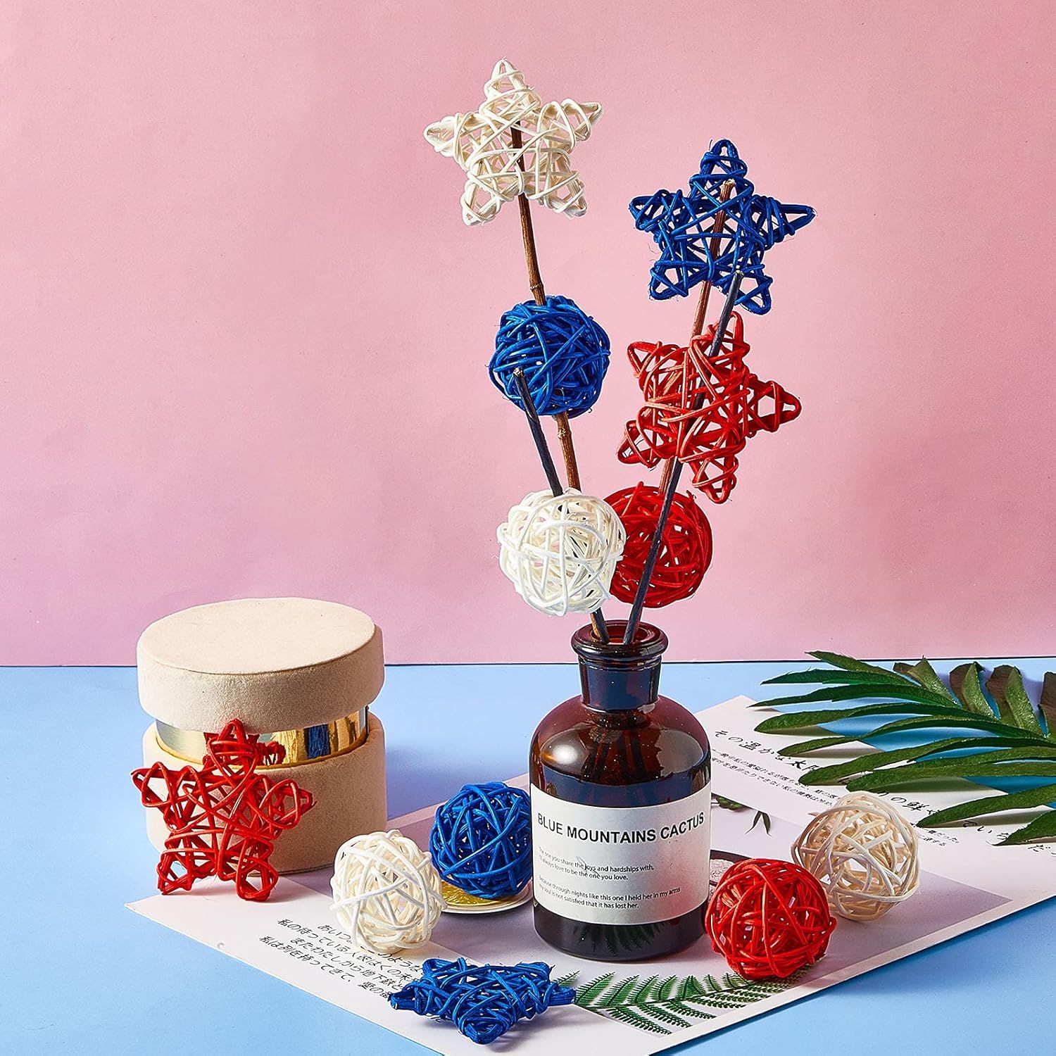 30 Pcs 4th o July Rattan Ball Decorations, Patriotic Red Blue White Stars or USA 250th Anniversary Home Decor Memorial Independence Day Crat Vase Bowl iller Table Party Decorative Supplies