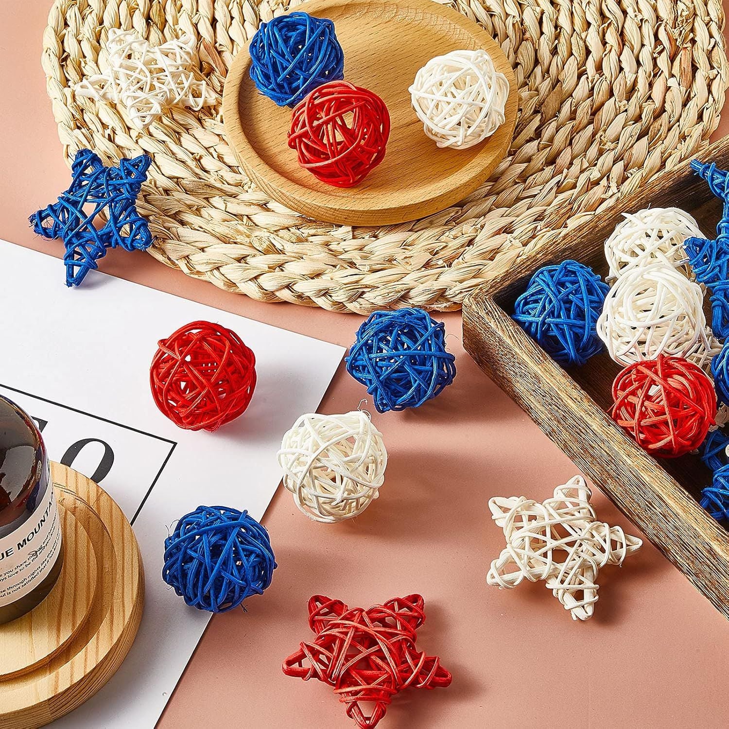 30 Pcs 4th o July Rattan Ball Decorations, Patriotic Red Blue White Stars or USA 250th Anniversary Home Decor Memorial Independence Day Crat Vase Bowl iller Table Party Decorative Supplies